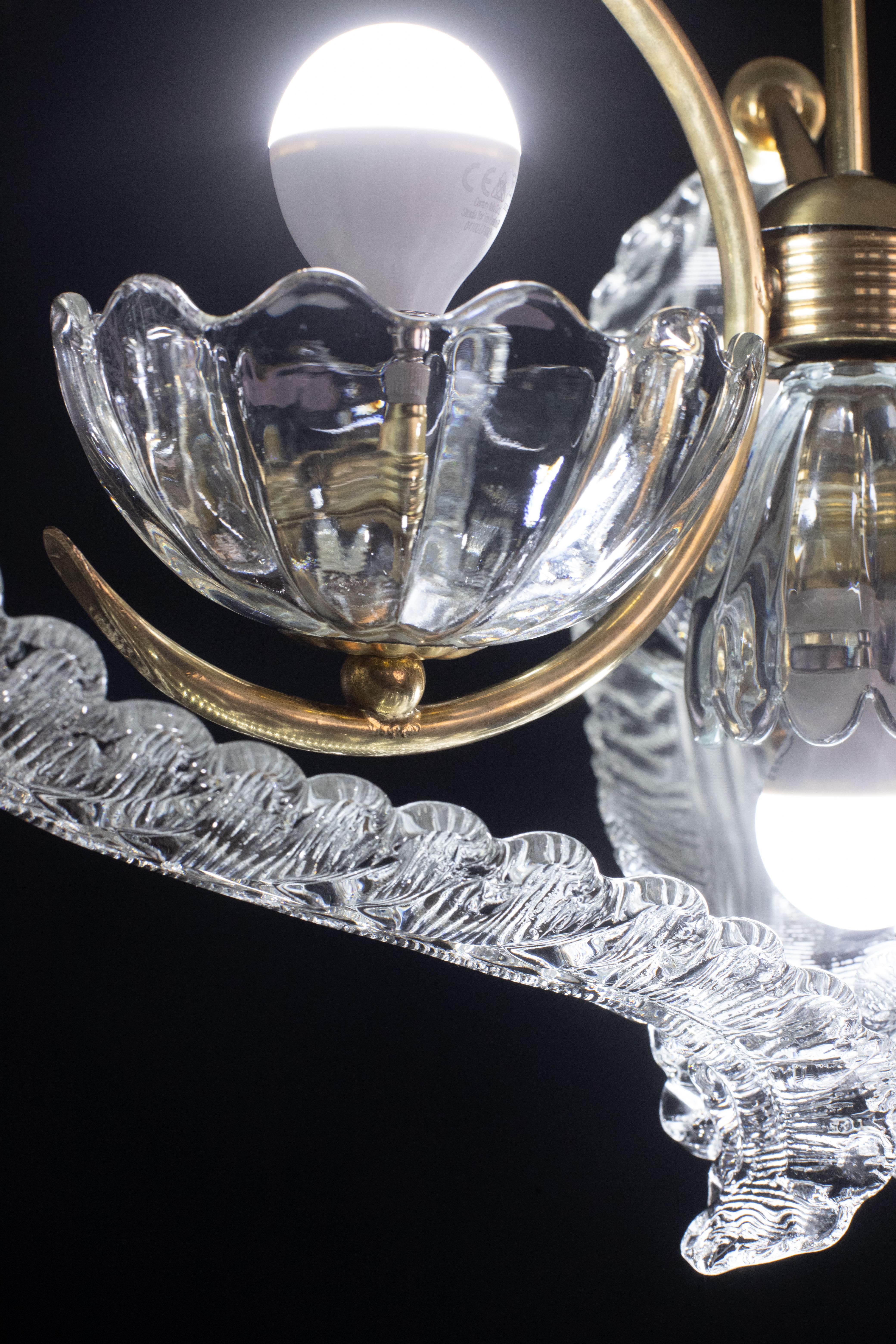 Elegant 4 Light Art Deco Murano Glass and Brass Chandelier by Barovier For Sale 11