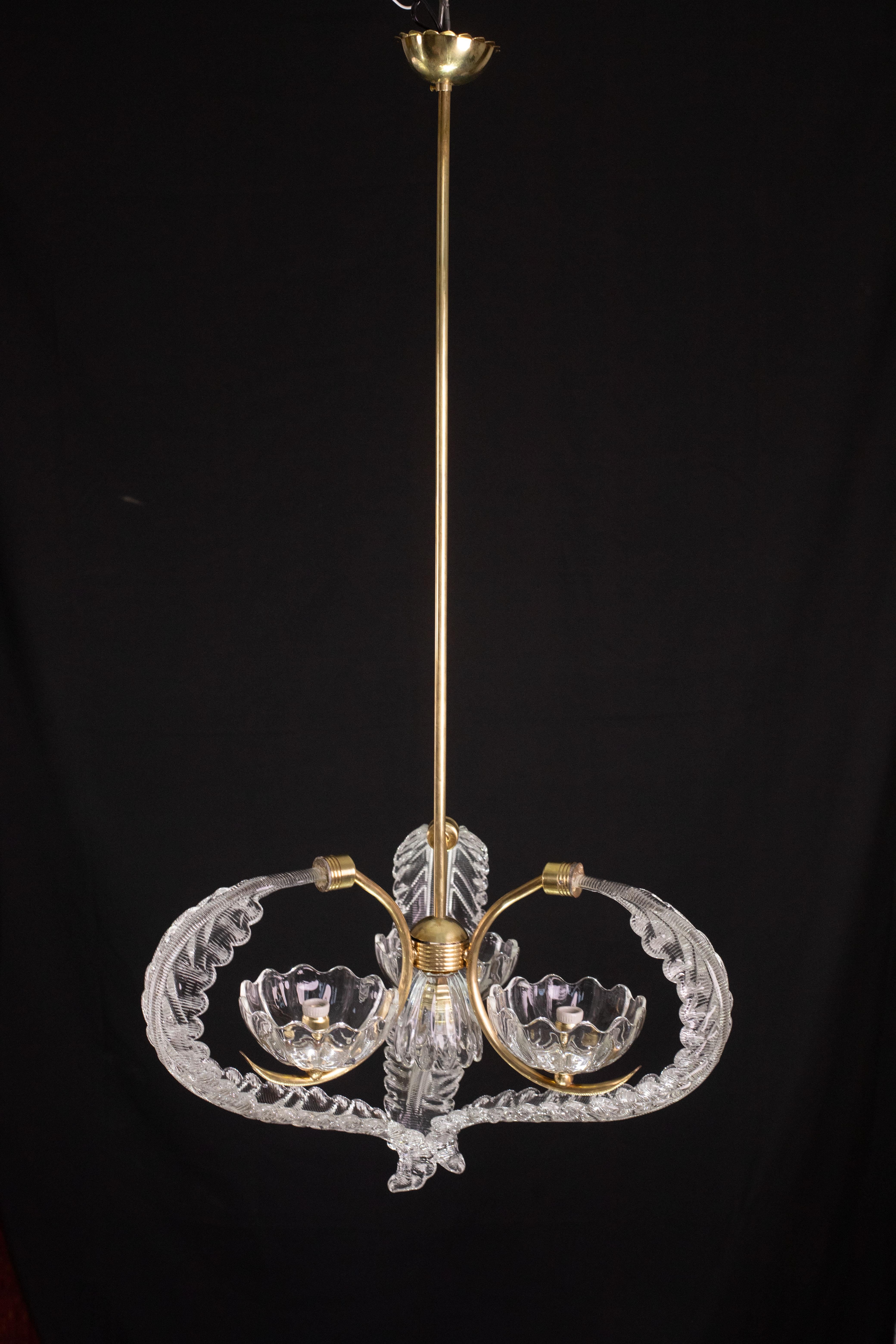 Elegant 4 Light Art Deco Murano Glass and Brass Chandelier by Barovier For Sale 13