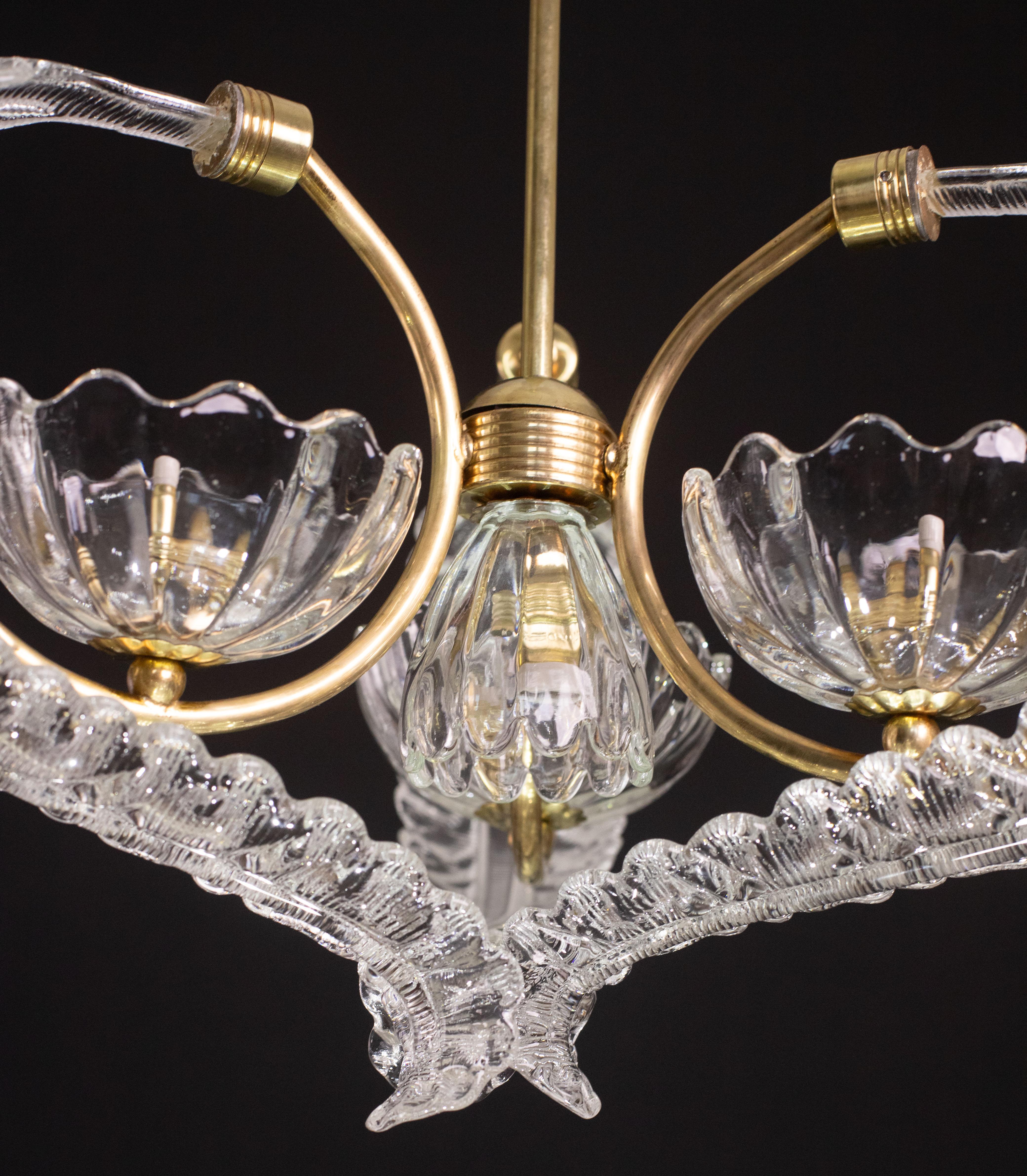 Elegant 4 Light Art Deco Murano Glass and Brass Chandelier by Barovier For Sale 14
