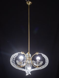 Elegant 4 Light Art Deco Murano Glass and Brass Chandelier by Barovier