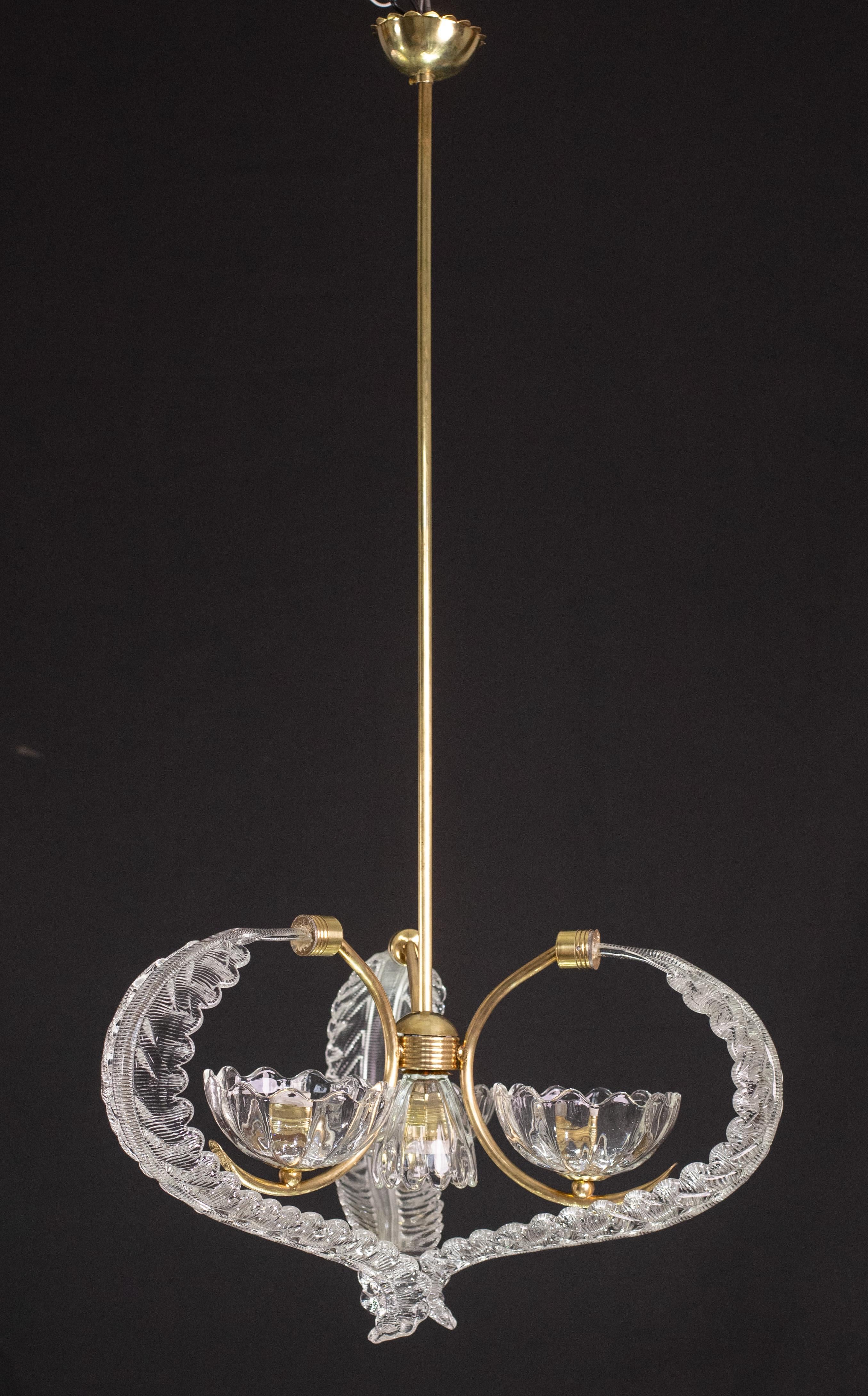 European Elegant 4 Light Art Deco Murano Glass and Brass Chandelier by Barovier For Sale