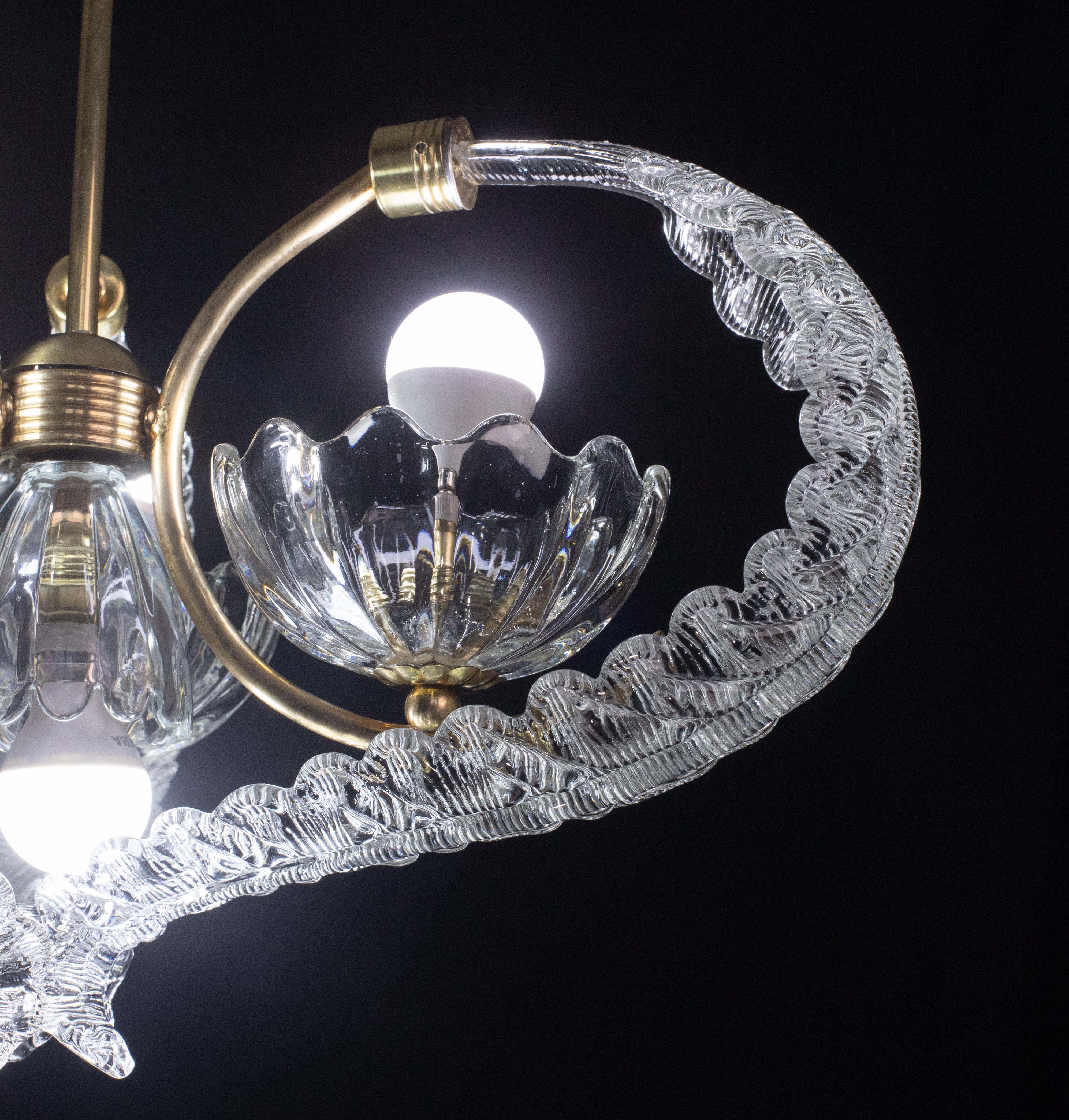 Elegant 4 Light Art Deco Murano Glass and Brass Chandelier by Barovier For Sale 1