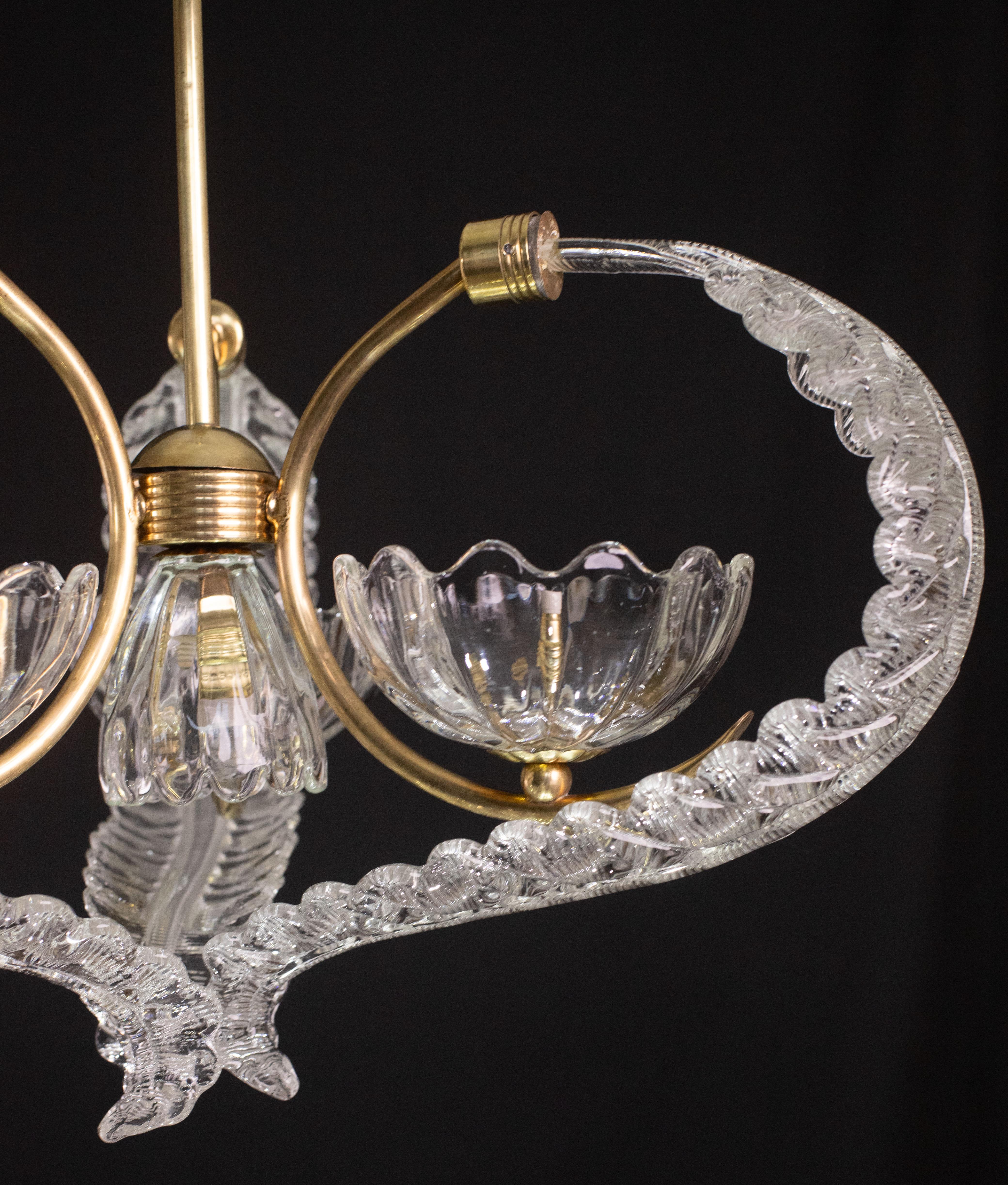 Elegant 4 Light Art Deco Murano Glass and Brass Chandelier by Barovier For Sale 2