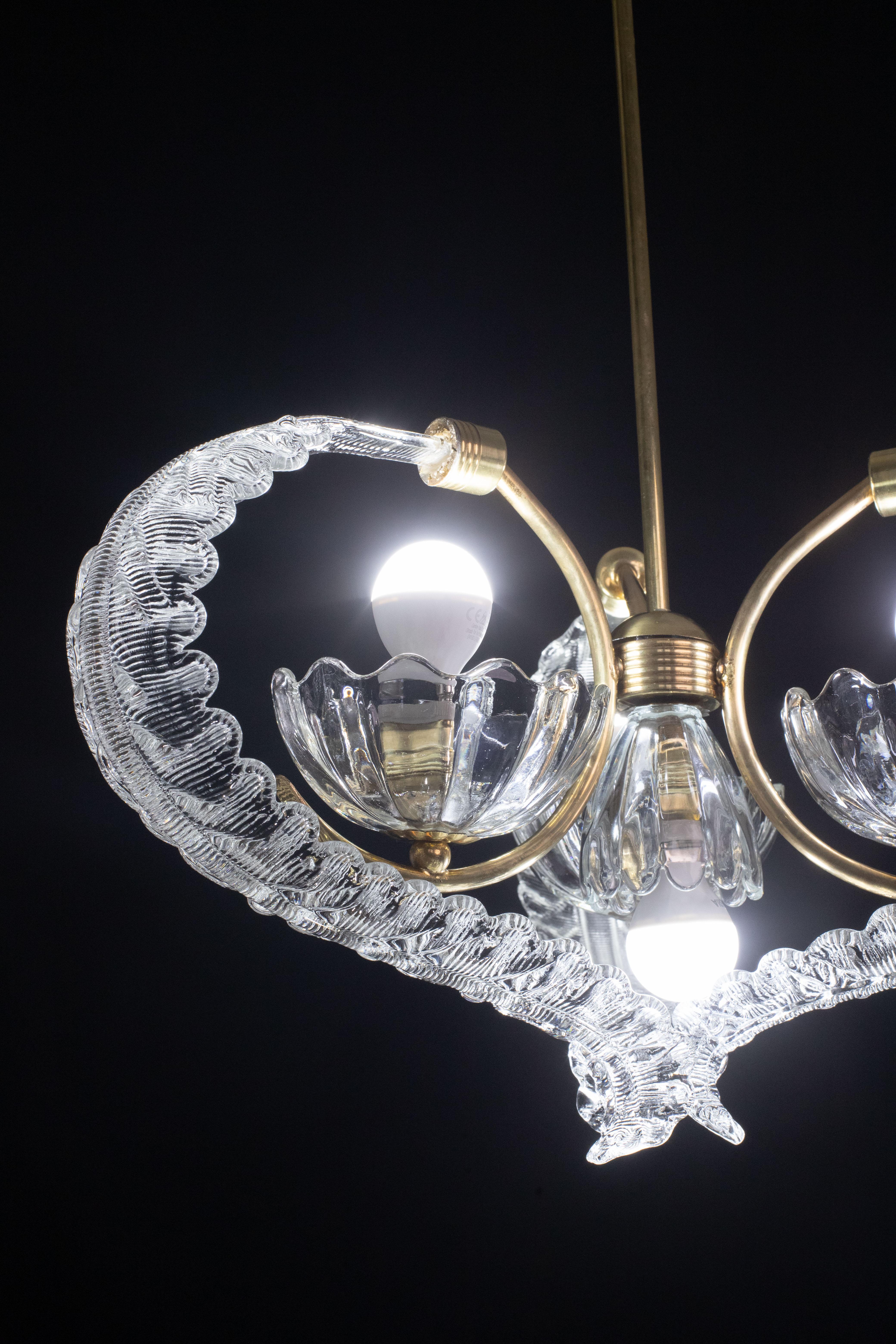 Elegant 4 Light Art Deco Murano Glass and Brass Chandelier by Barovier For Sale 3