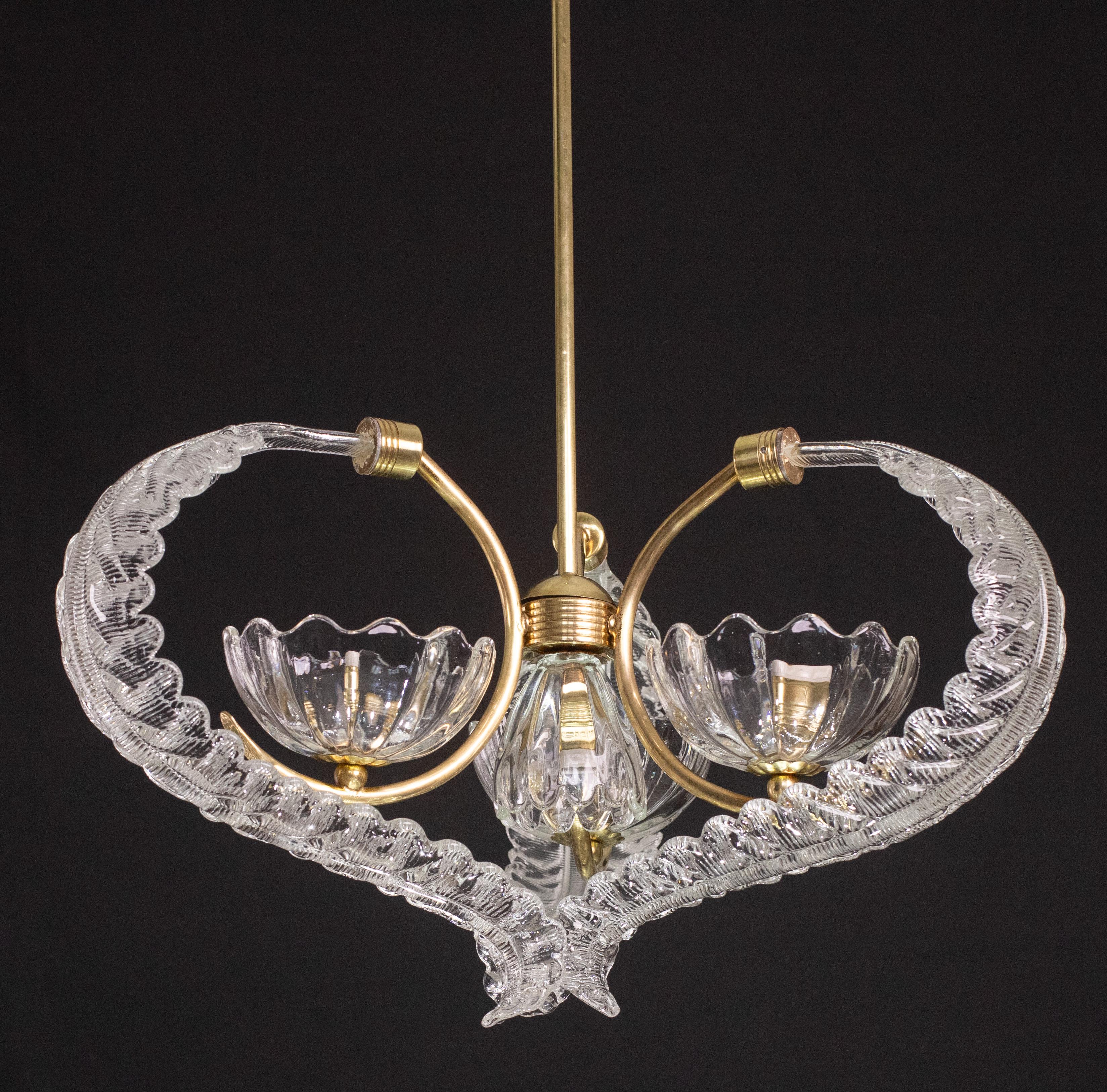 Elegant 4 Light Art Deco Murano Glass and Brass Chandelier by Barovier For Sale 4