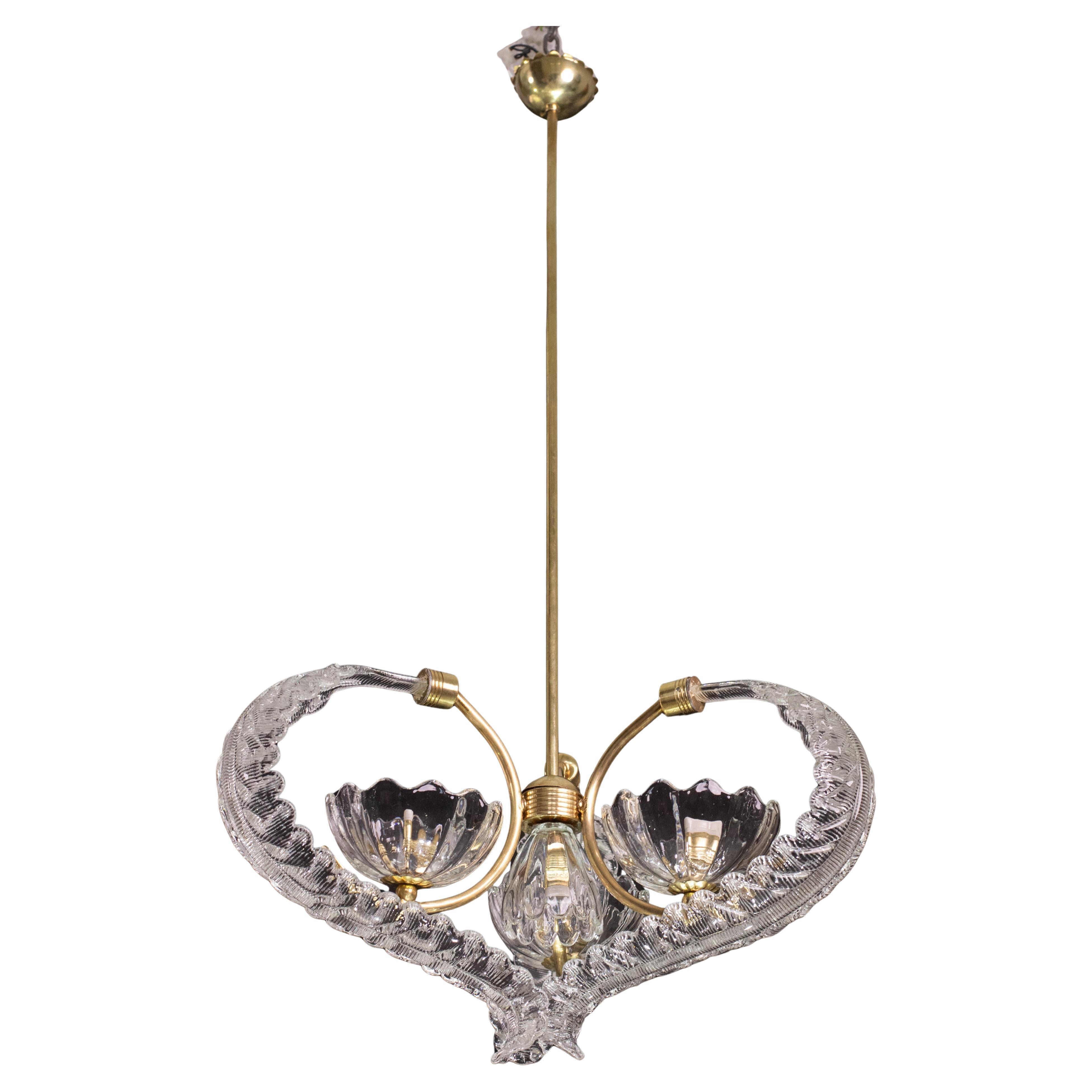 Elegant 4 Light Art Deco Murano Glass and Brass Chandelier by Barovier