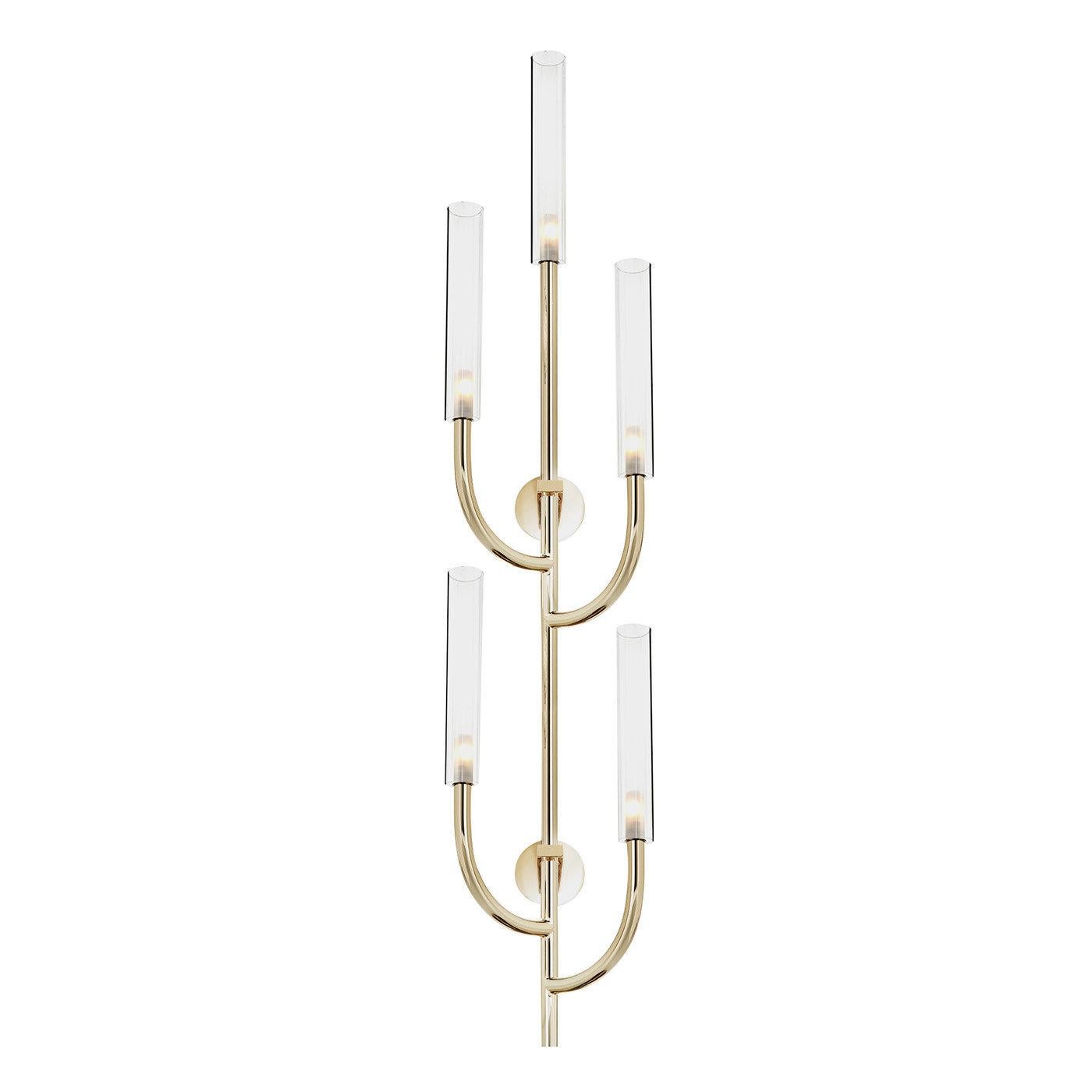 A striking combination of elegant and refined materials of the Italian tradition of craftsmanship, this sconce showcases a clean and essential design inspired by the shape of a traditional candelabra. Fashioned of gold-finished brass, the sleek