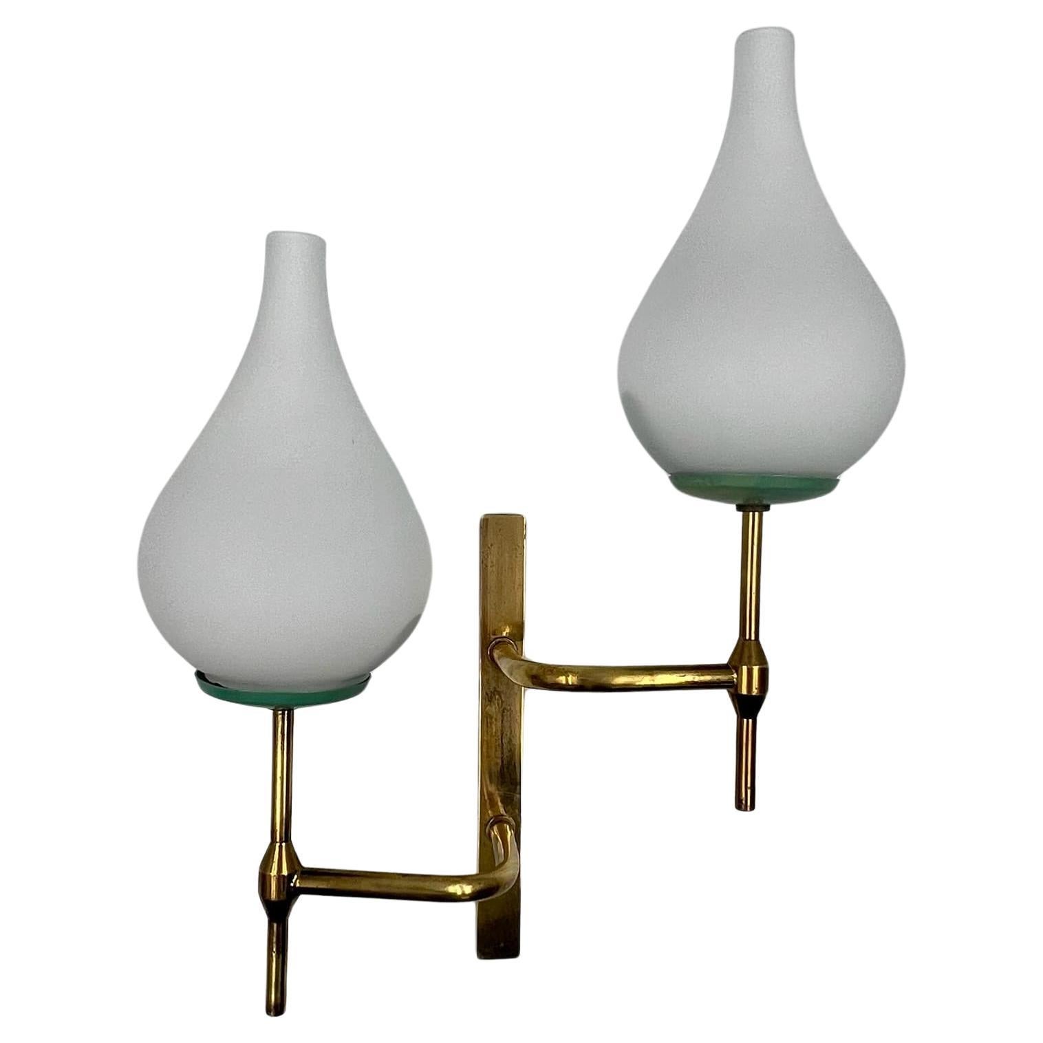 Elegant 50s Lamp Stilnovo style – Vintage Italian Brass and Opaline Glass Sconce For Sale