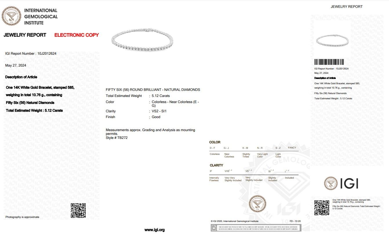 Elegante Pulsera de Tenis de Diamantes de 5,12ct en Oro Blanco de 14k - Certificado IGI en venta 1