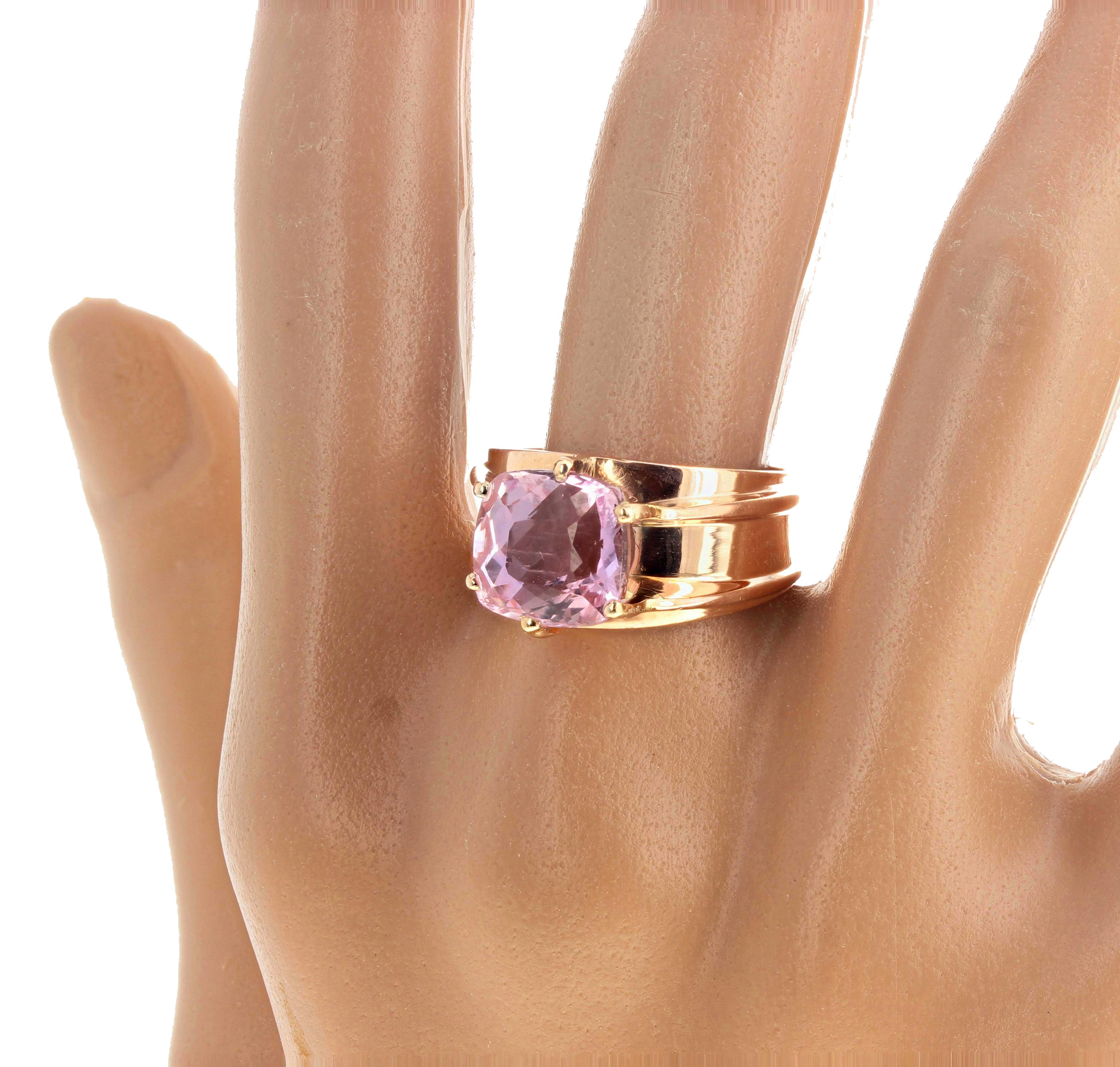 Gorgeous natural 5.91 carat pink Kunzite set in this lovely gold ring sizable 7.5 (we size for free). This beautiful elegant pink Kunzite (10 mm x 10 mm) is eye clean with no eye visible inclusions.  If you wish faster delivery on your purchase