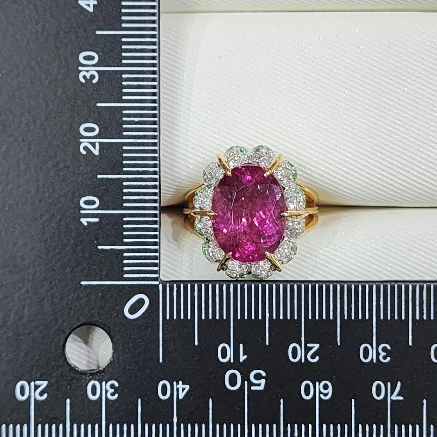 Elegant 6.18 Carat Oval Cut Rubellite and Diamond Ring in 18K Yellow Gold 4