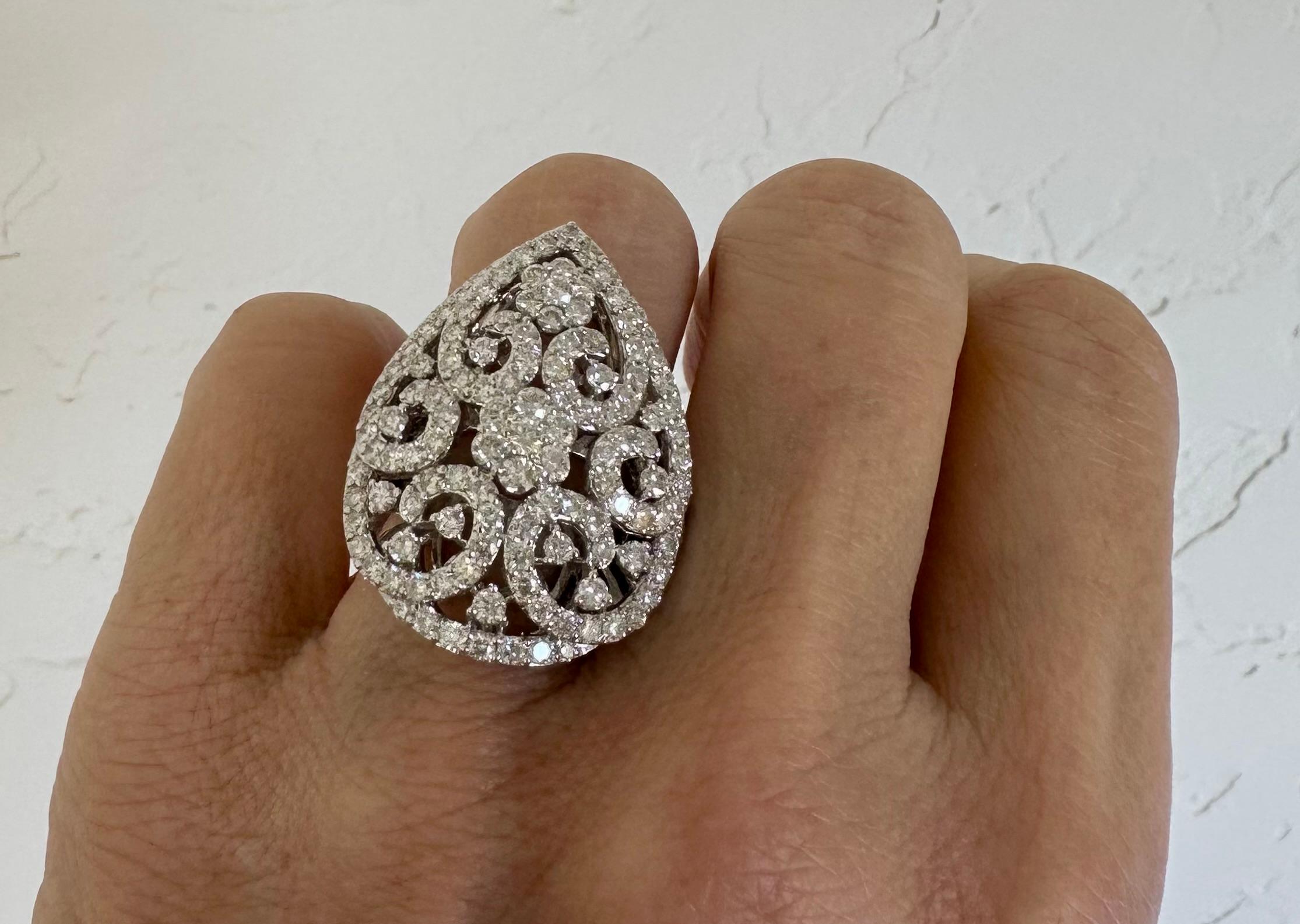  Elegant 7.00 Carat Diamond Pear Shaped Cluster Cocktail Ring in 18K White Gold In Excellent Condition For Sale In Tustin, CA