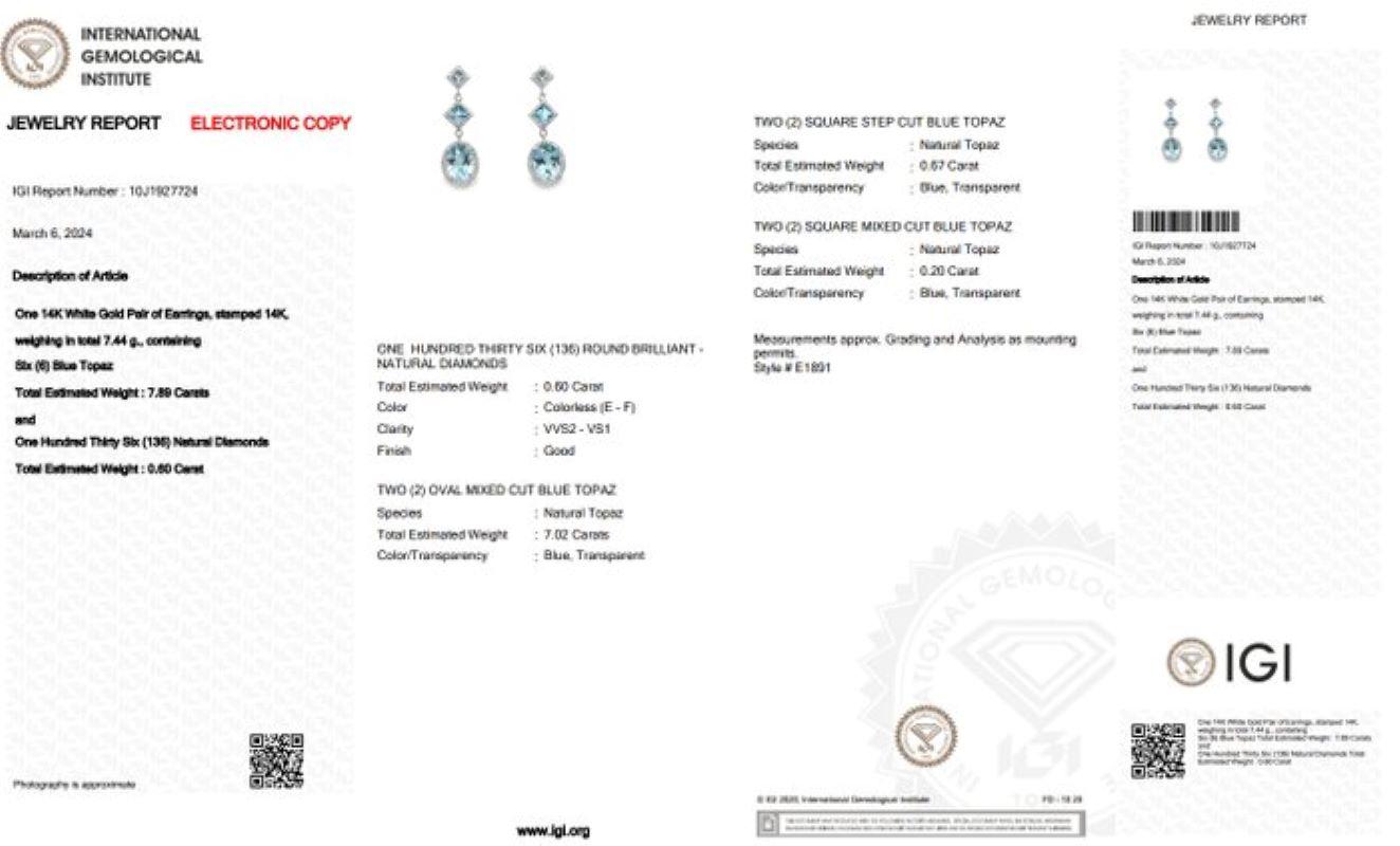 Taille ovale Élégantes boucles d'oreilles en or blanc 14 carats avec topaze ovale de 7,02 carats de taille mixte en vente