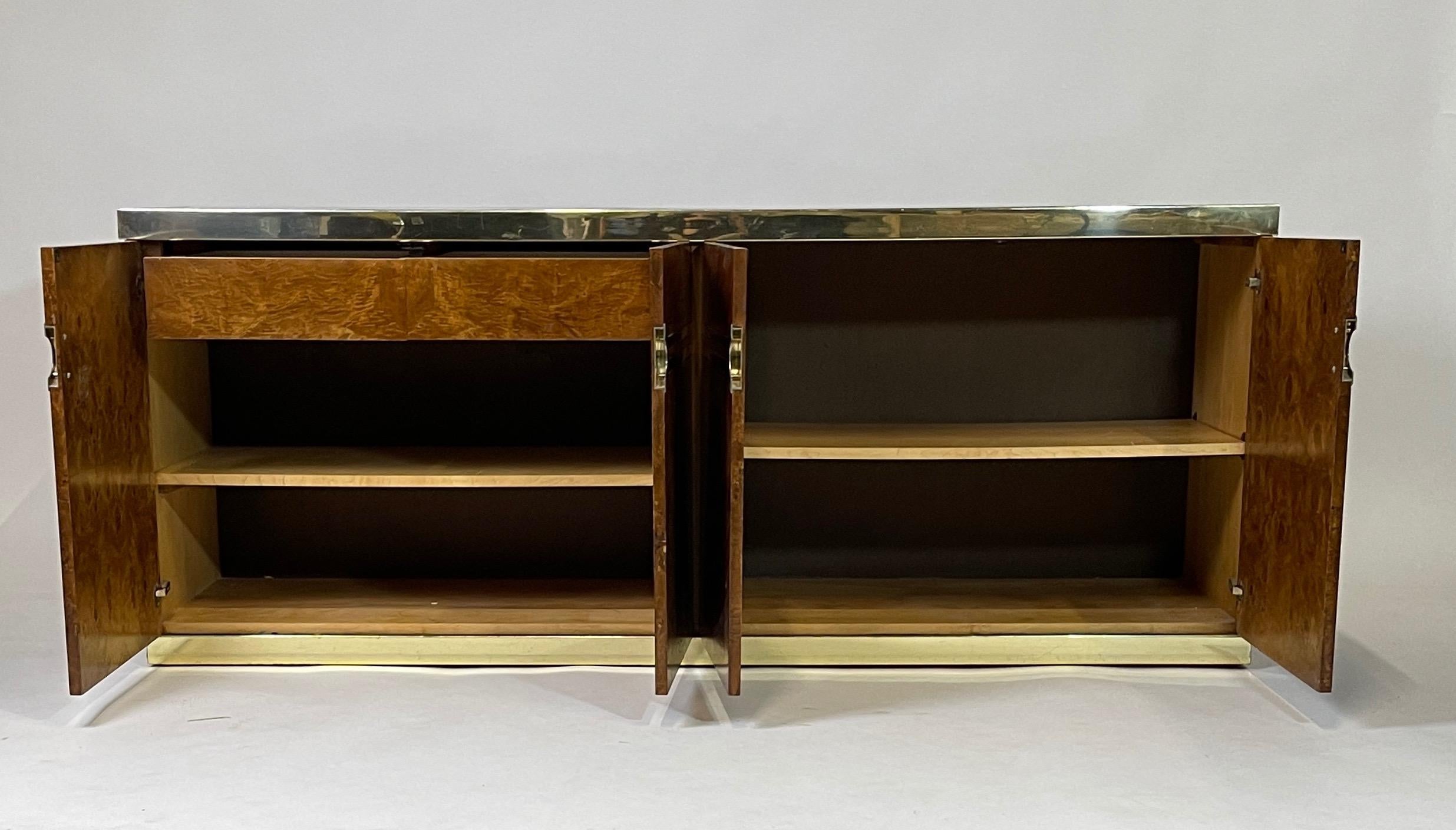 American Elegant Glam Pierre Cardin Burled Olive Credenza Case Piece with Brass Detail
