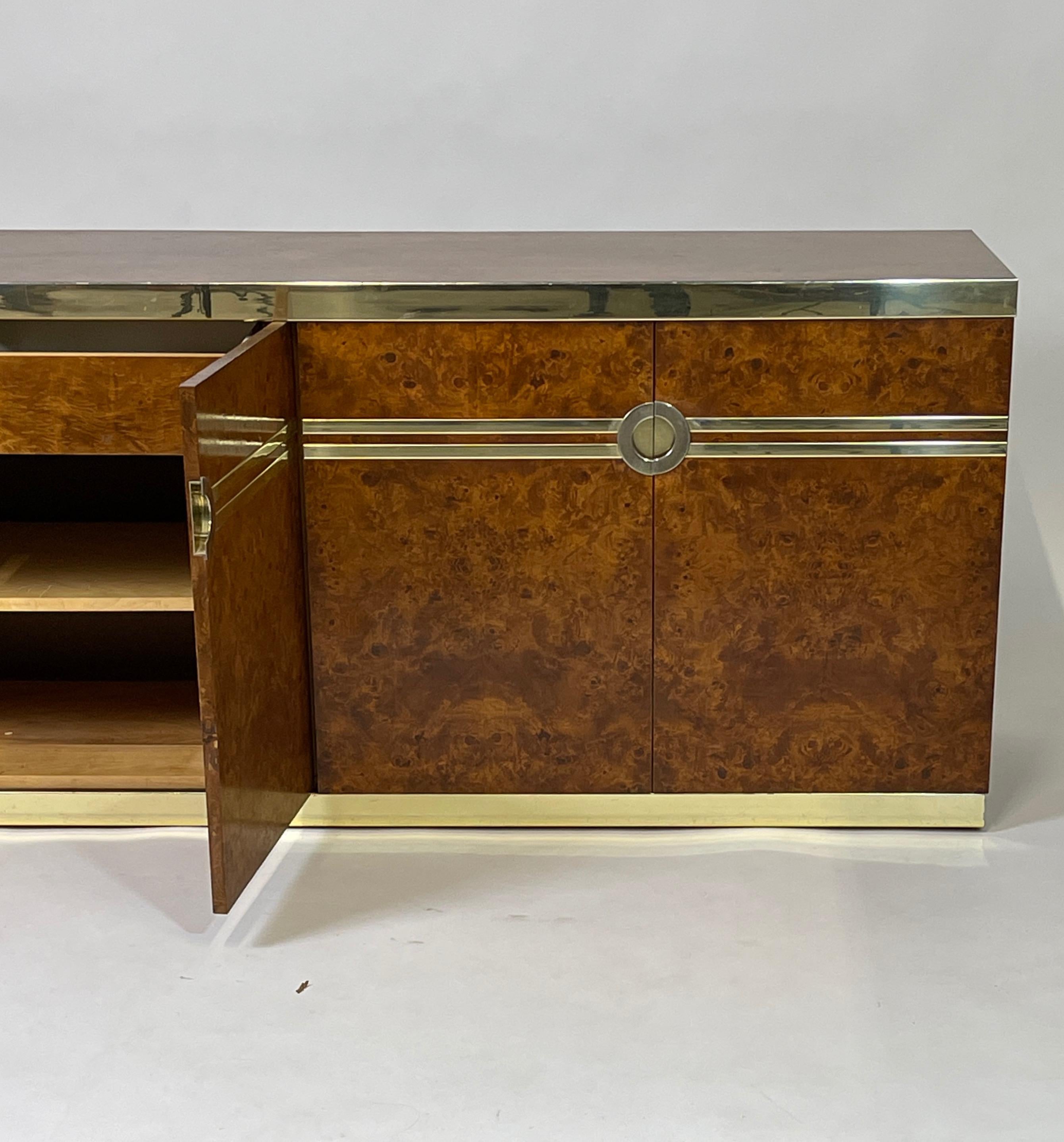 Elegant Glam Pierre Cardin Burled Olive Credenza Case Piece with Brass Detail In Good Condition In Hudson, NY