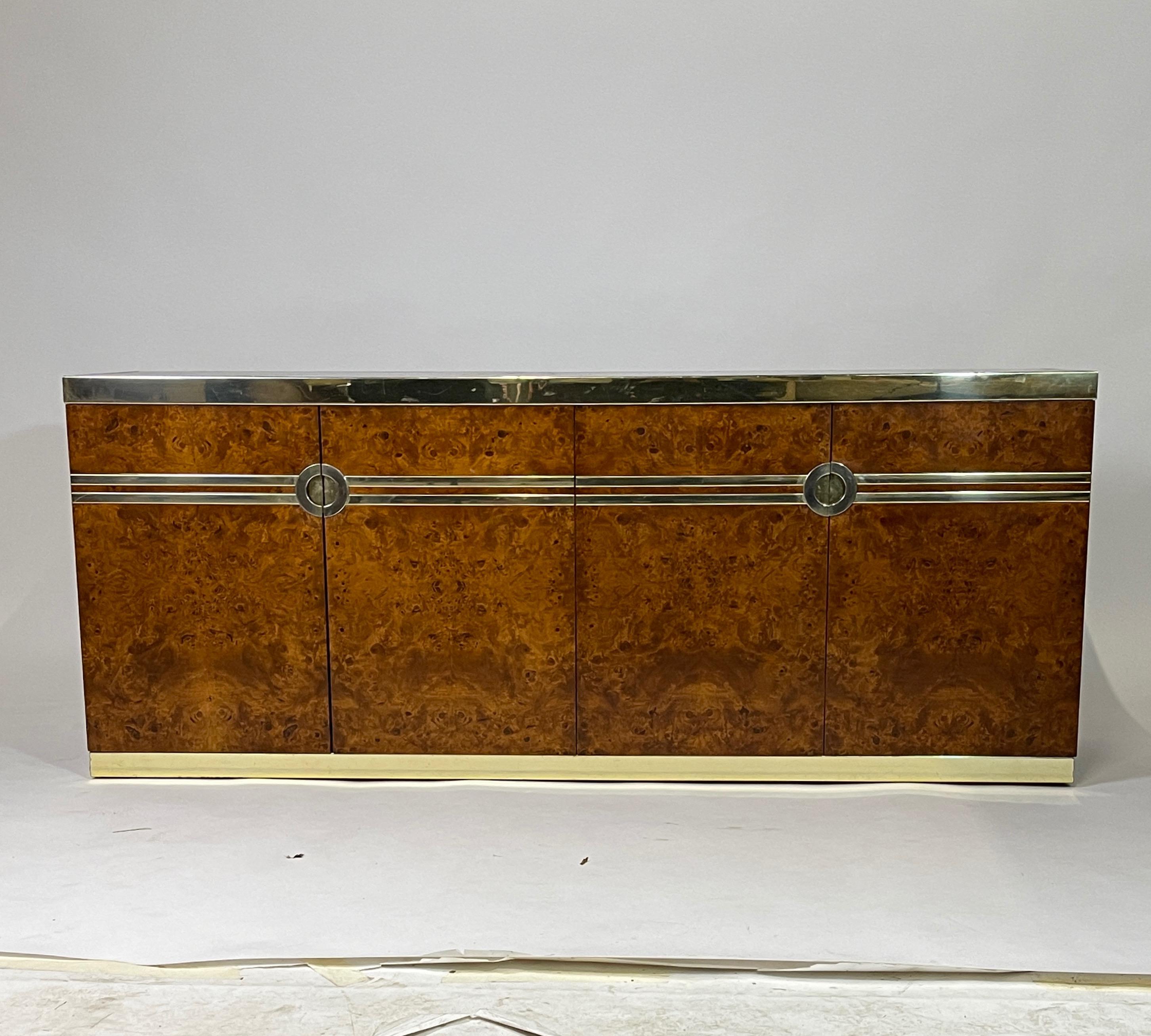 Late 20th Century Elegant Glam Pierre Cardin Burled Olive Credenza Case Piece with Brass Detail