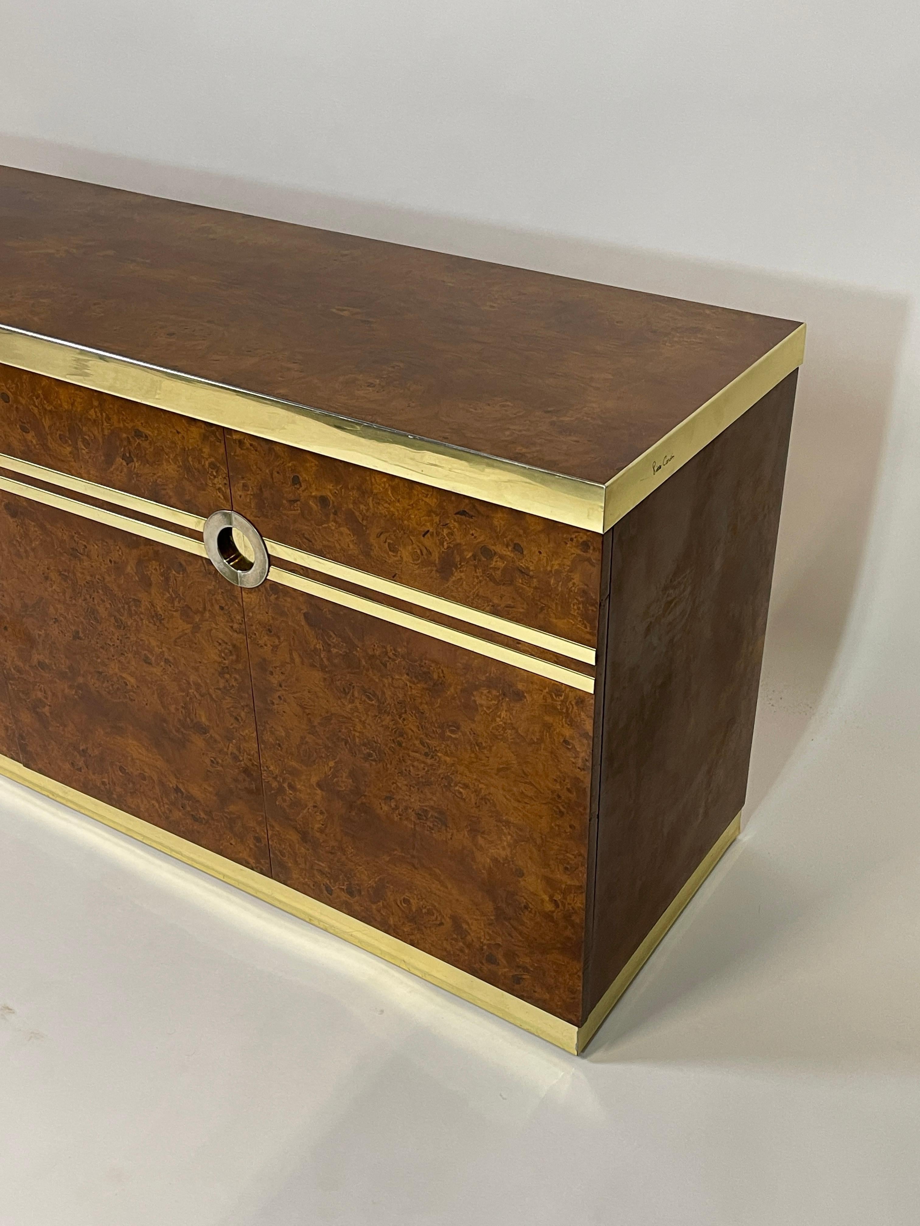 Elegant Glam Pierre Cardin Burled Olive Credenza Case Piece with Brass Detail 1