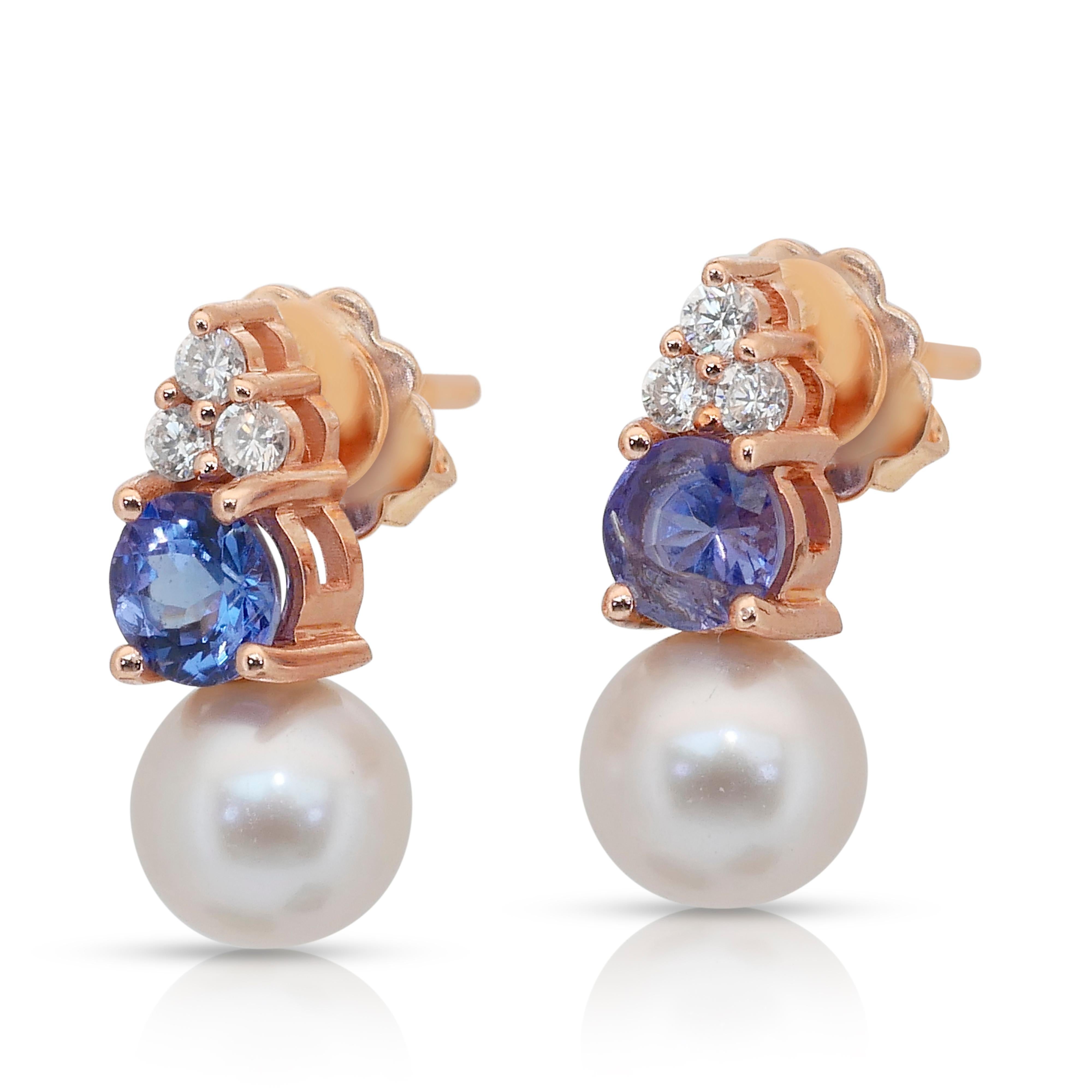 Taglio rotondo Eleganza: orecchini a goccia con perle d'acqua dolce, tanzaniti e diamanti da 7,14 ct. in vendita