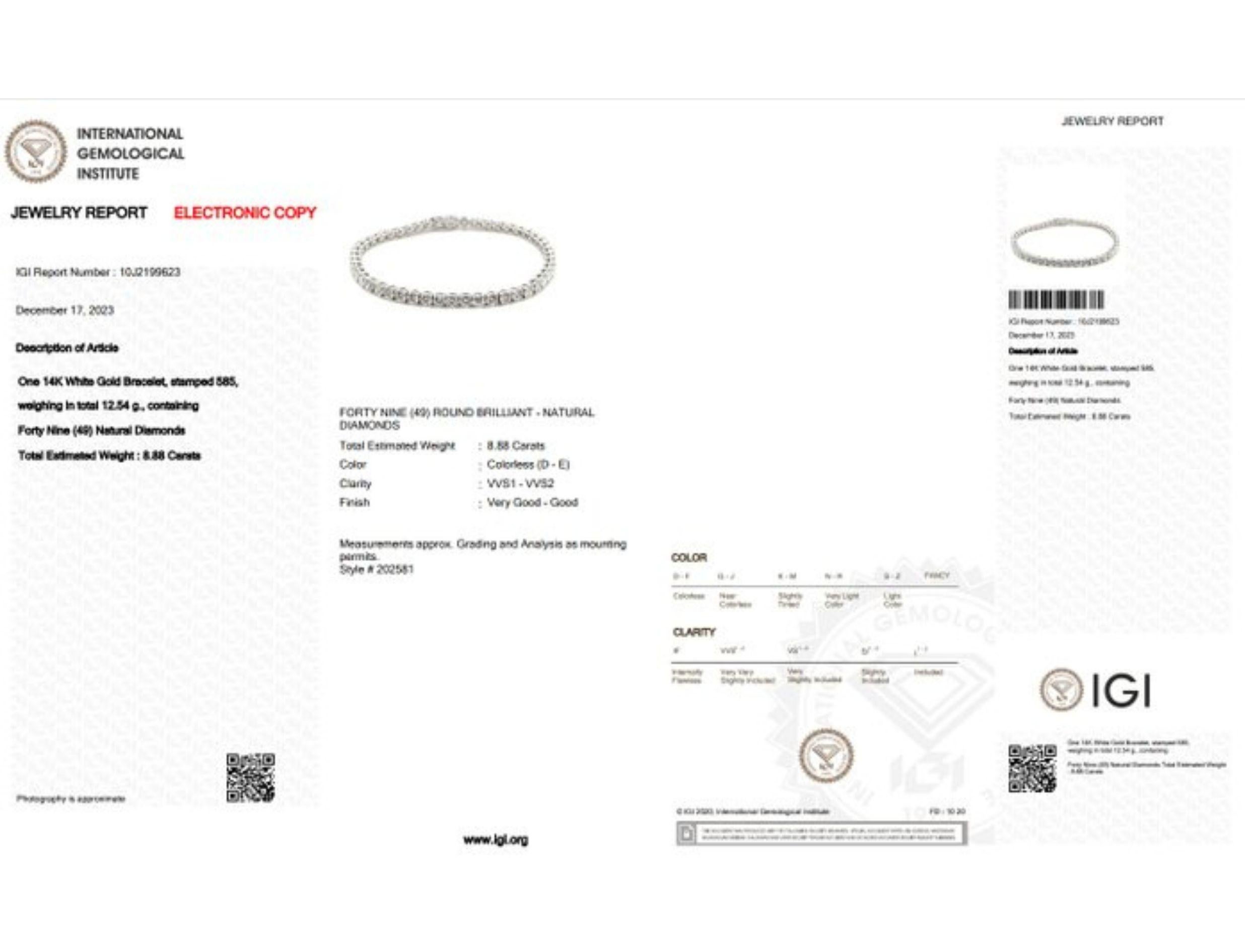 Elegant 8.88ct Diamond Tennis Bracelet set in 14K White Gold 1