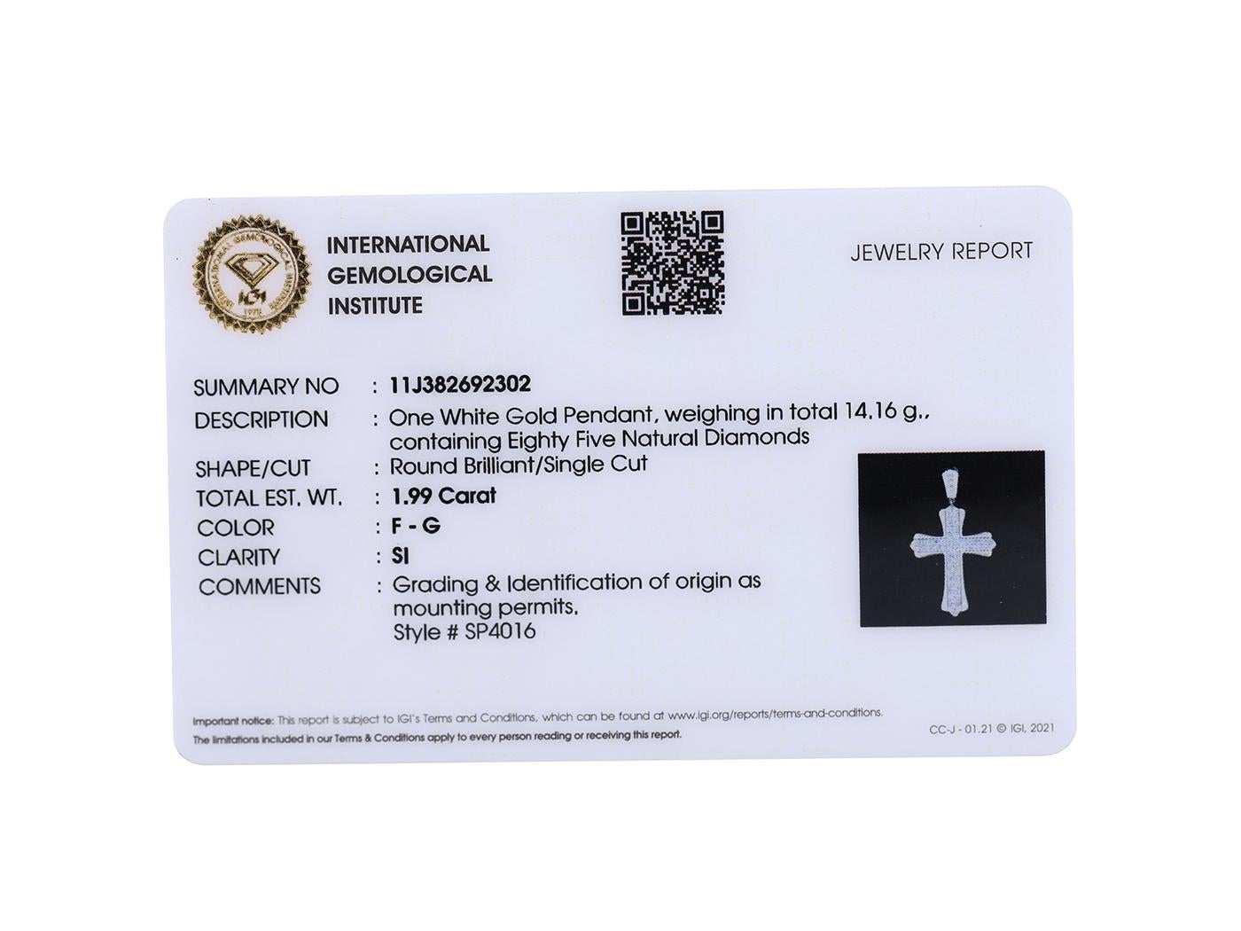 Elegant 8KT White Gold and Diamond Cross Pendant with IGI Certification im Angebot 3
