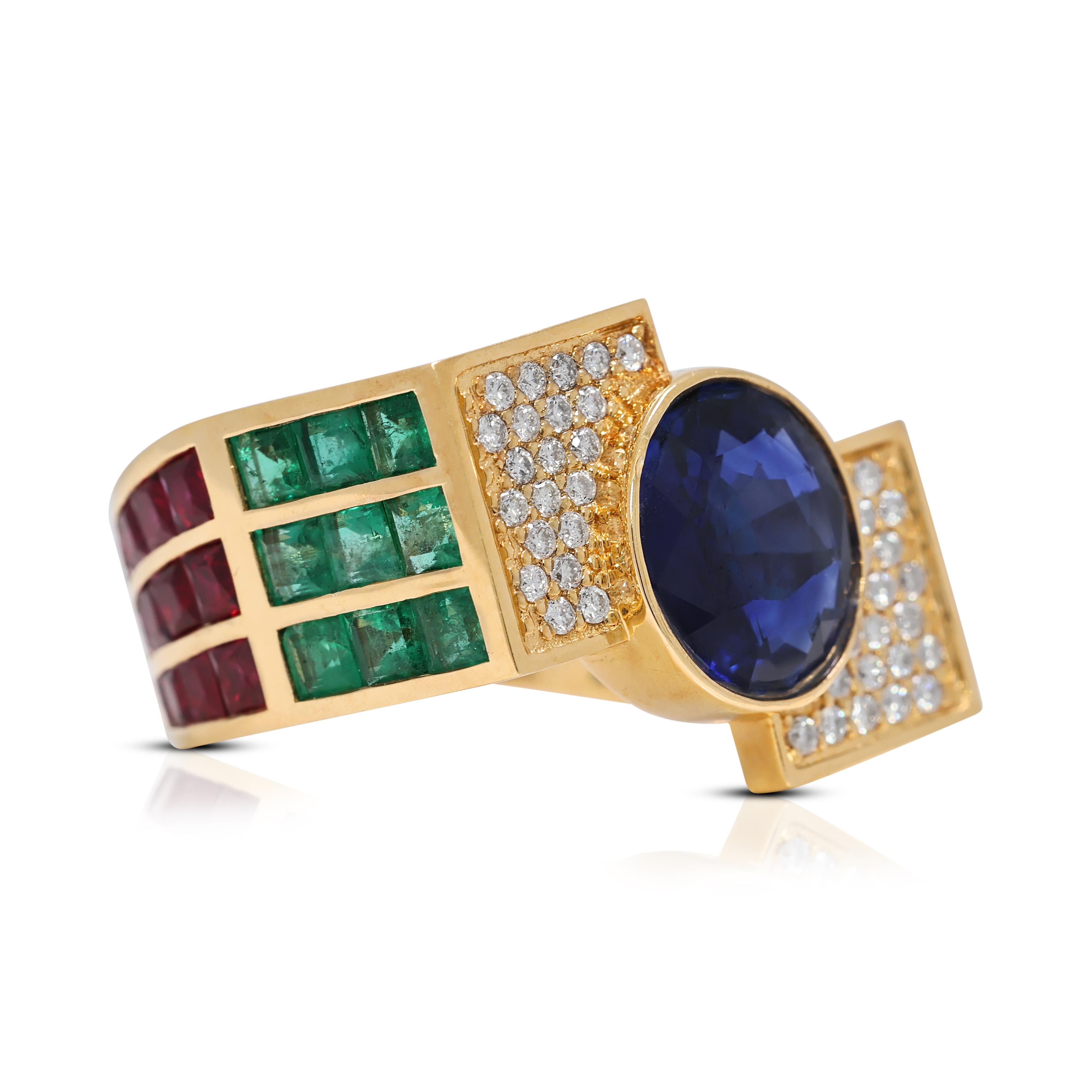 Oval Cut Elegant 9.52ct Sapphire, Emerald, Ruby & Natural Diamond Ring in 18K Yellow Gold For Sale