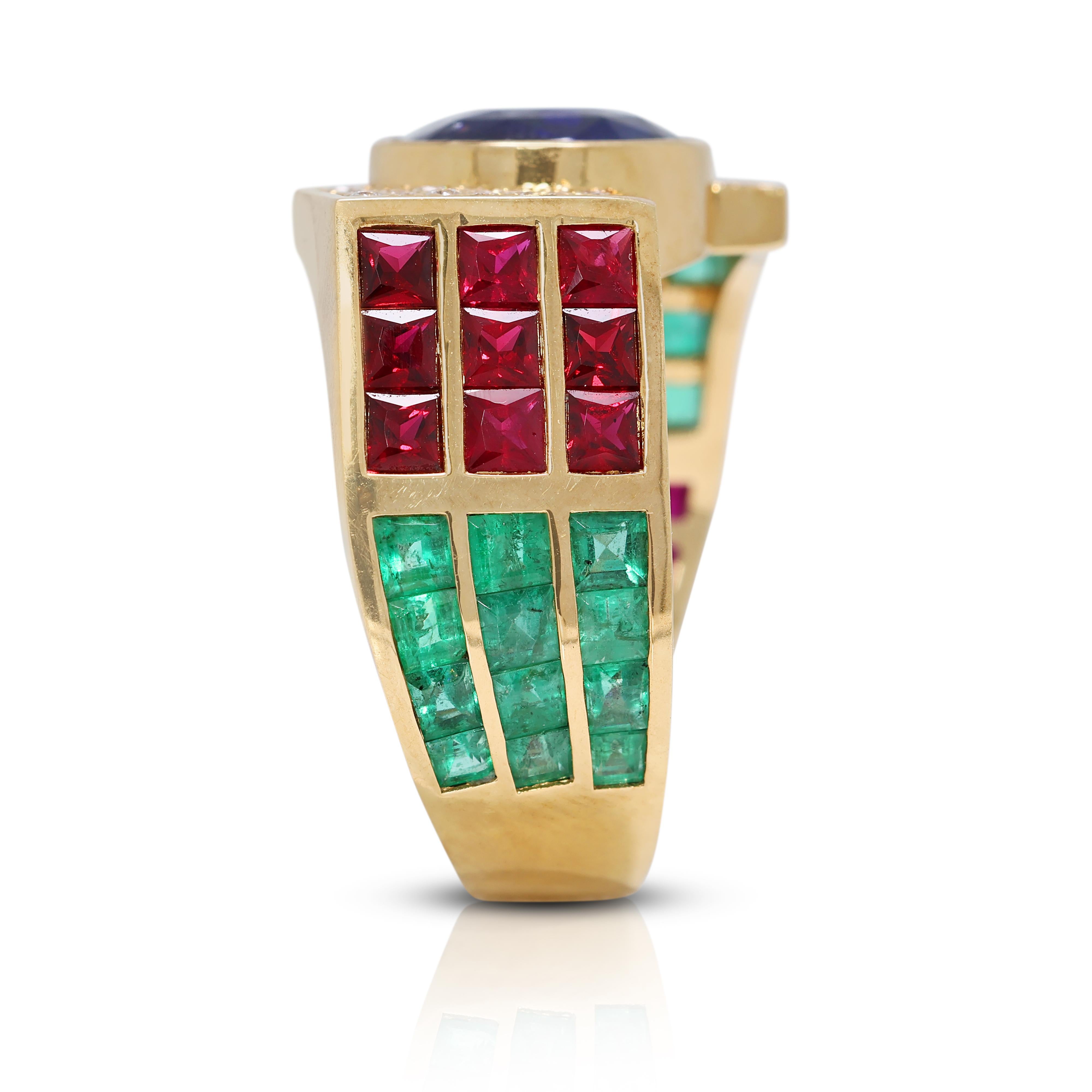 Women's Elegant 9.52ct Sapphire, Emerald, Ruby & Natural Diamond Ring in 18K Yellow Gold For Sale