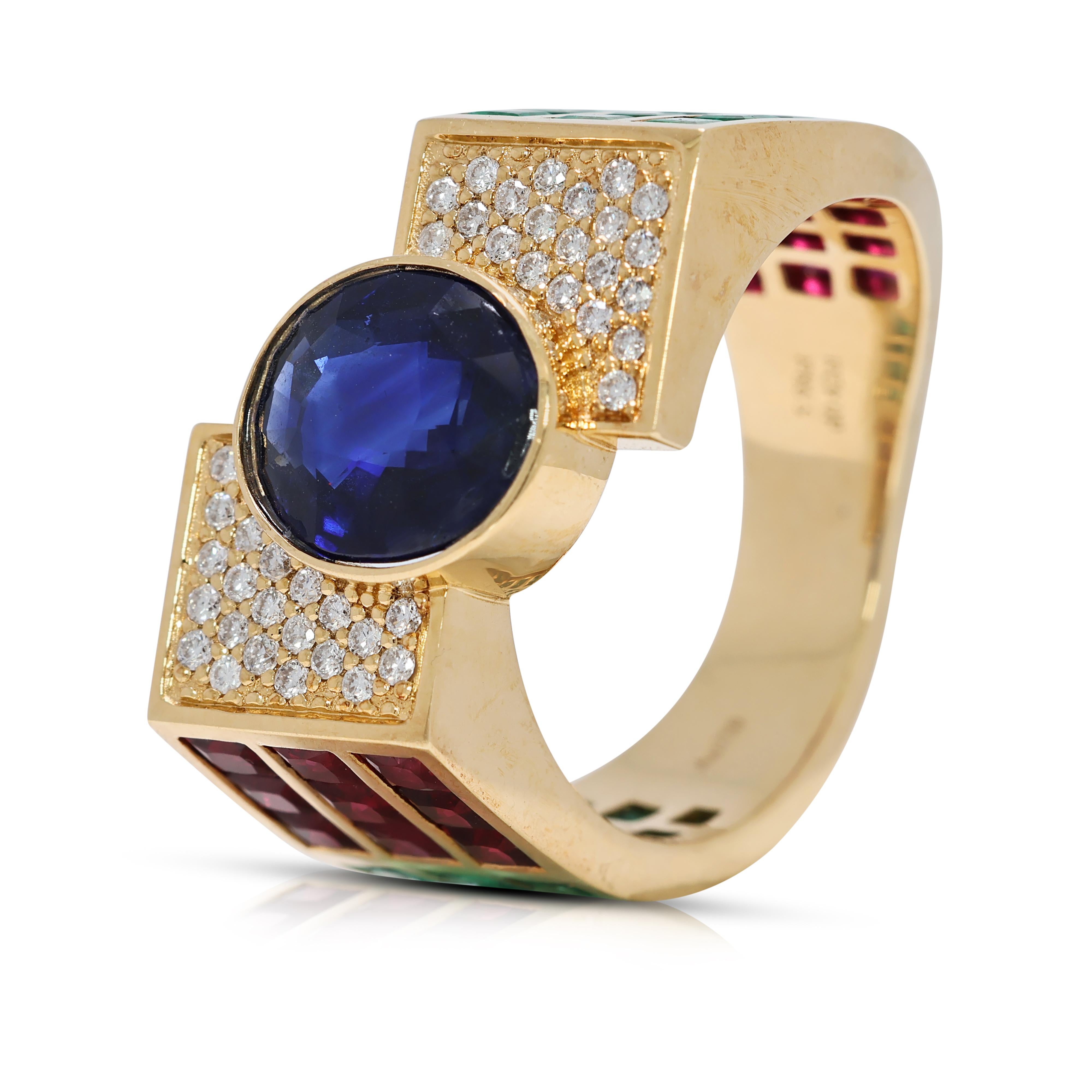 Elegant 9.52ct Sapphire, Emerald, Ruby & Natural Diamond Ring in 18K Yellow Gold For Sale 1