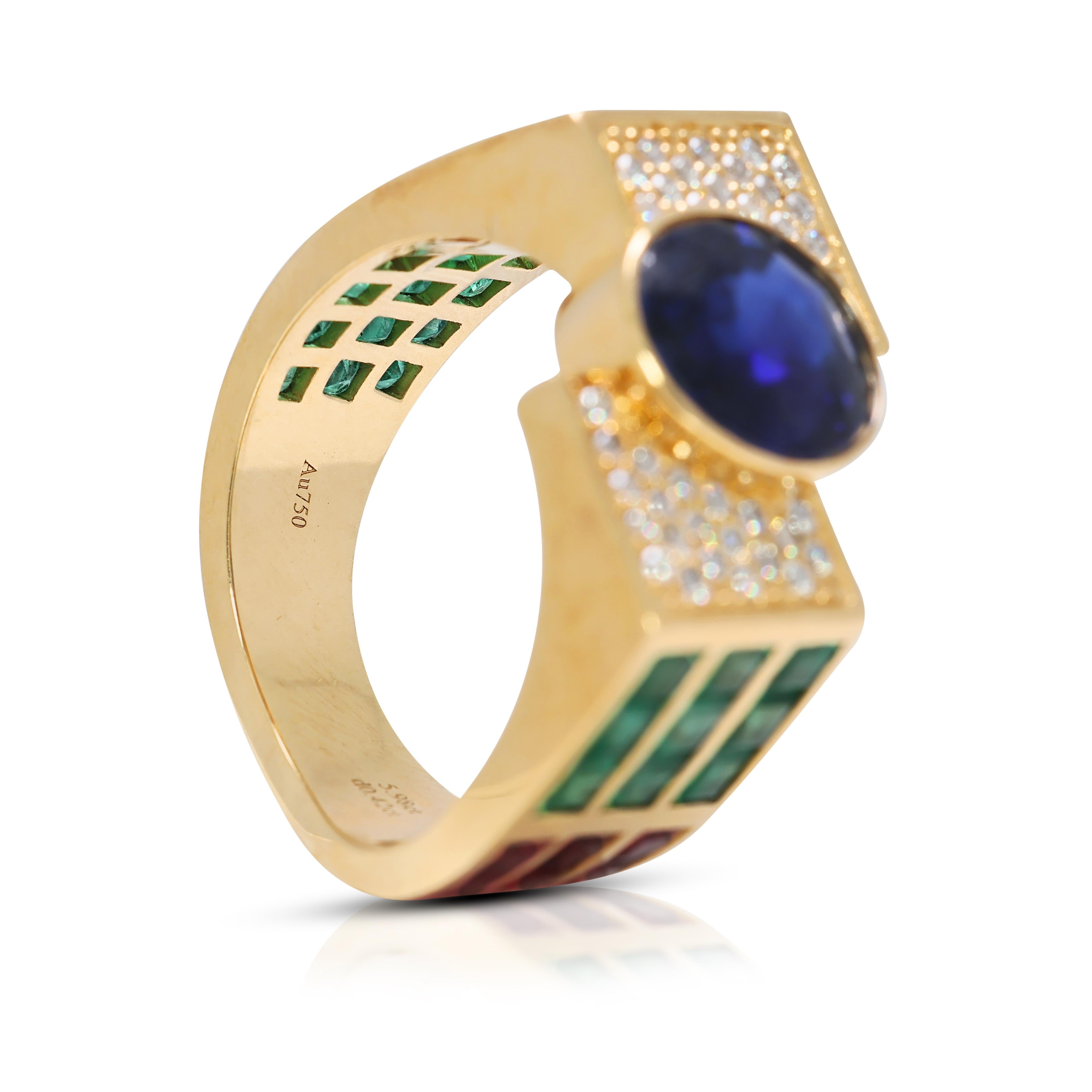 Elegant 9.52ct Sapphire, Emerald, Ruby & Natural Diamond Ring in 18K Yellow Gold For Sale 2