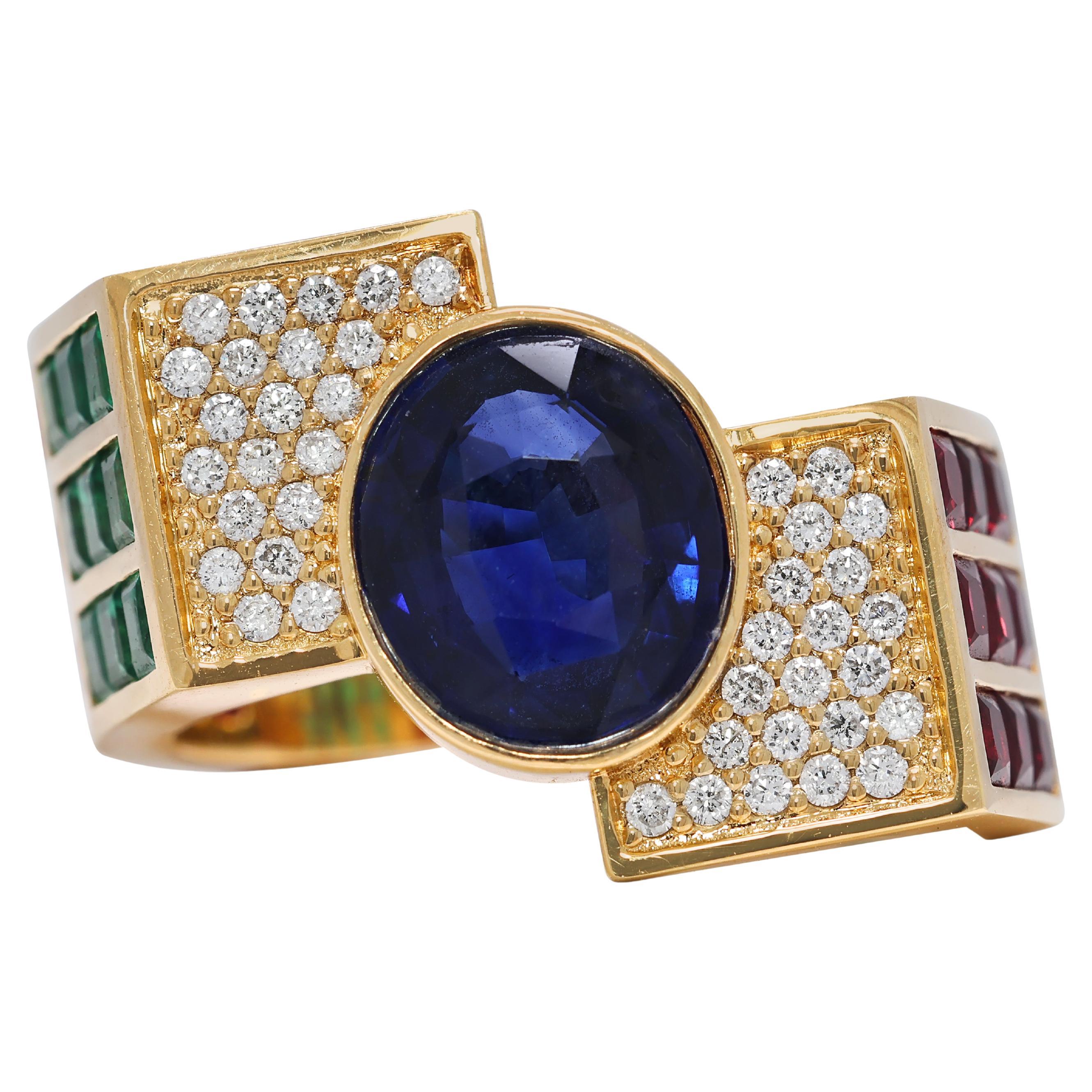 Elegant 9.52ct Sapphire, Emerald, Ruby & Natural Diamond Ring in 18K Yellow Gold For Sale