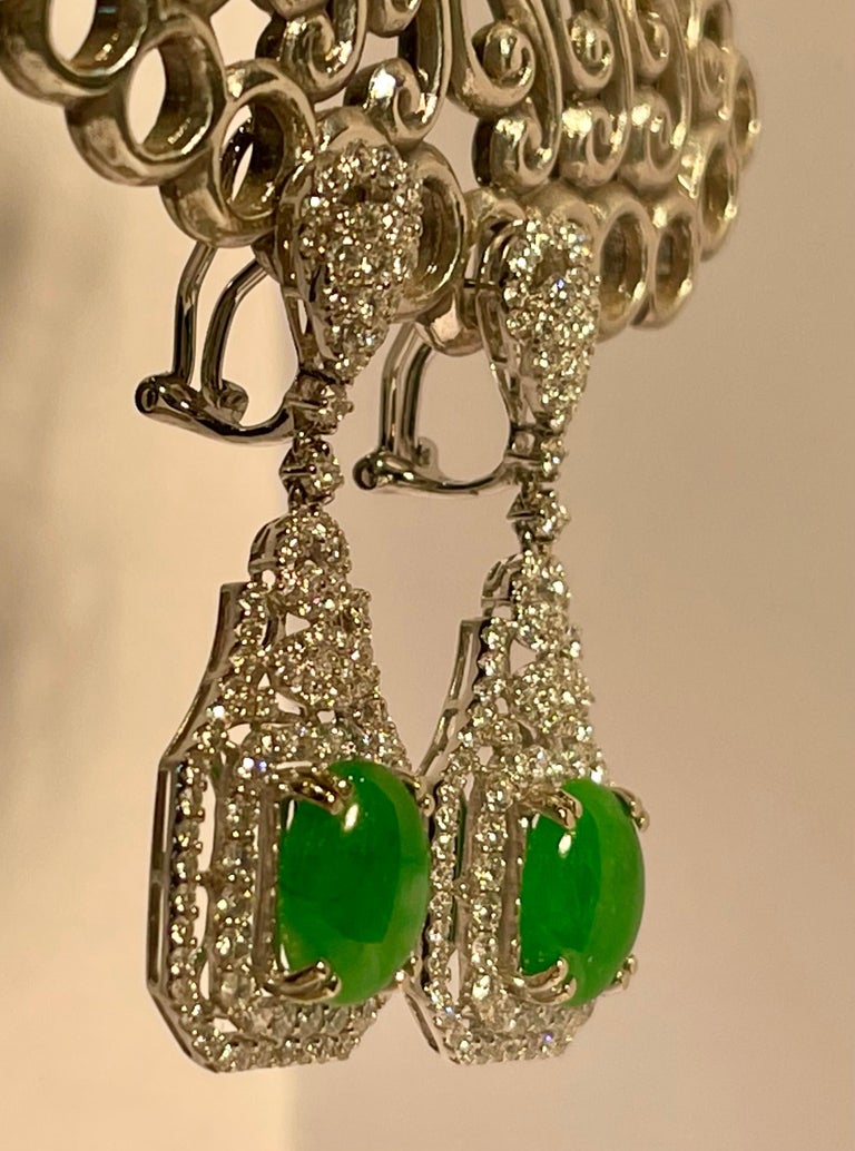 Cabochon Elegant 9.83 Carat 18 Karat White Gold Art Deco Style Jade and Diamond Earrings For Sale