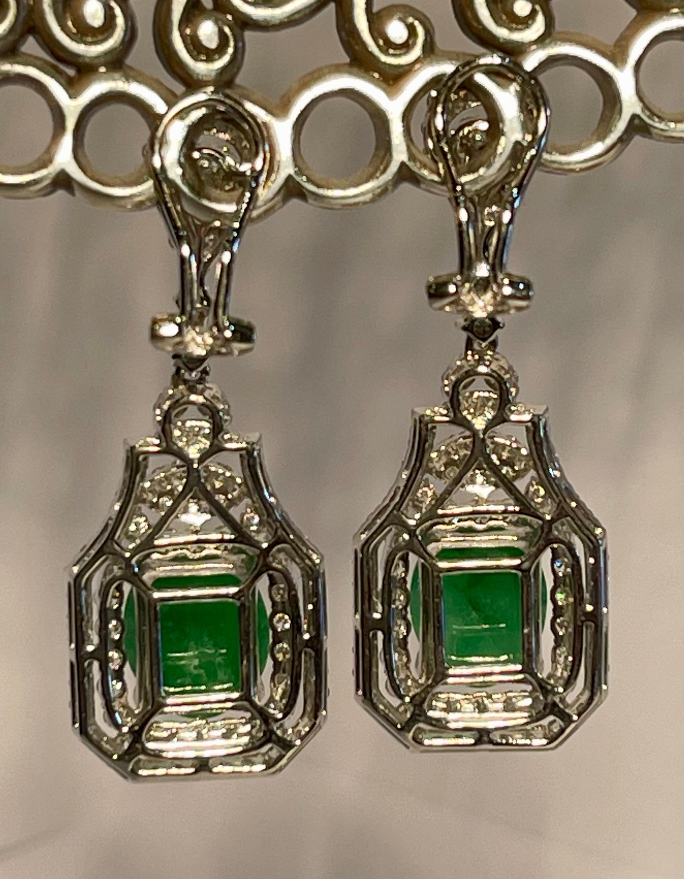 Elegant 9.83 Carat 18 Karat White Gold Art Deco Style Jade and Diamond Earrings 1