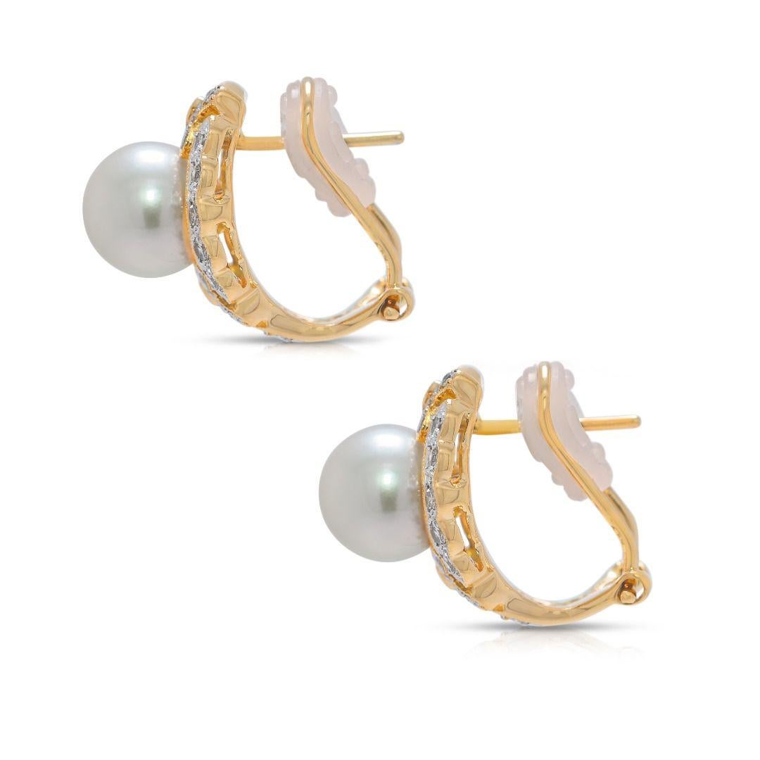 Élégantes boucles d'oreilles en or jaune 18 carats avec perles Akoya et diamants naturels Pour femmes en vente