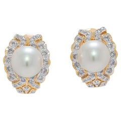 Elegant Akoya Pearl & Natural Diamond 18K Yellow Gold Latch Back Earrings