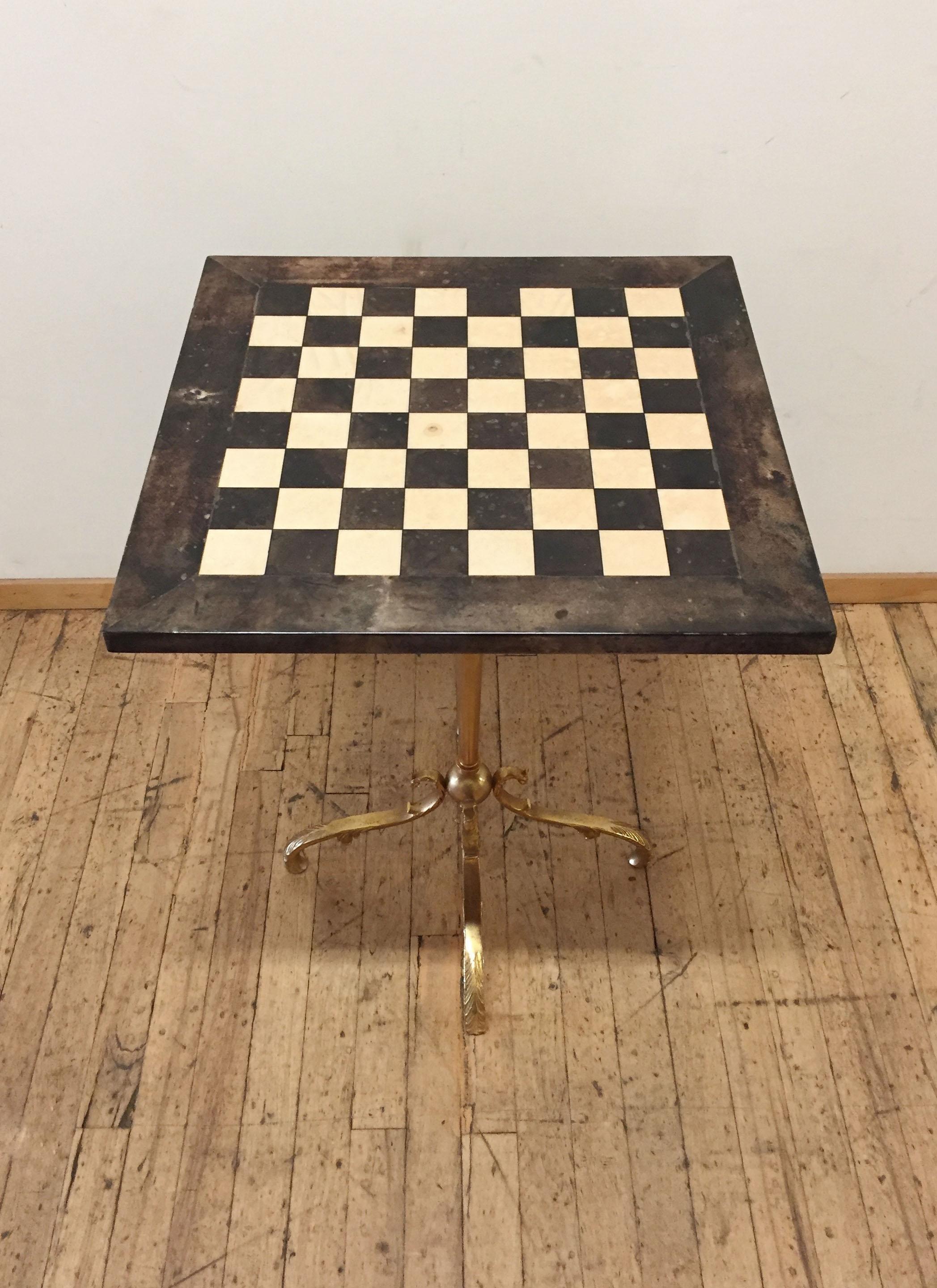 Mid-Century Modern Elegant Aldo Tura Goatskin Chess Table with Gilt Base