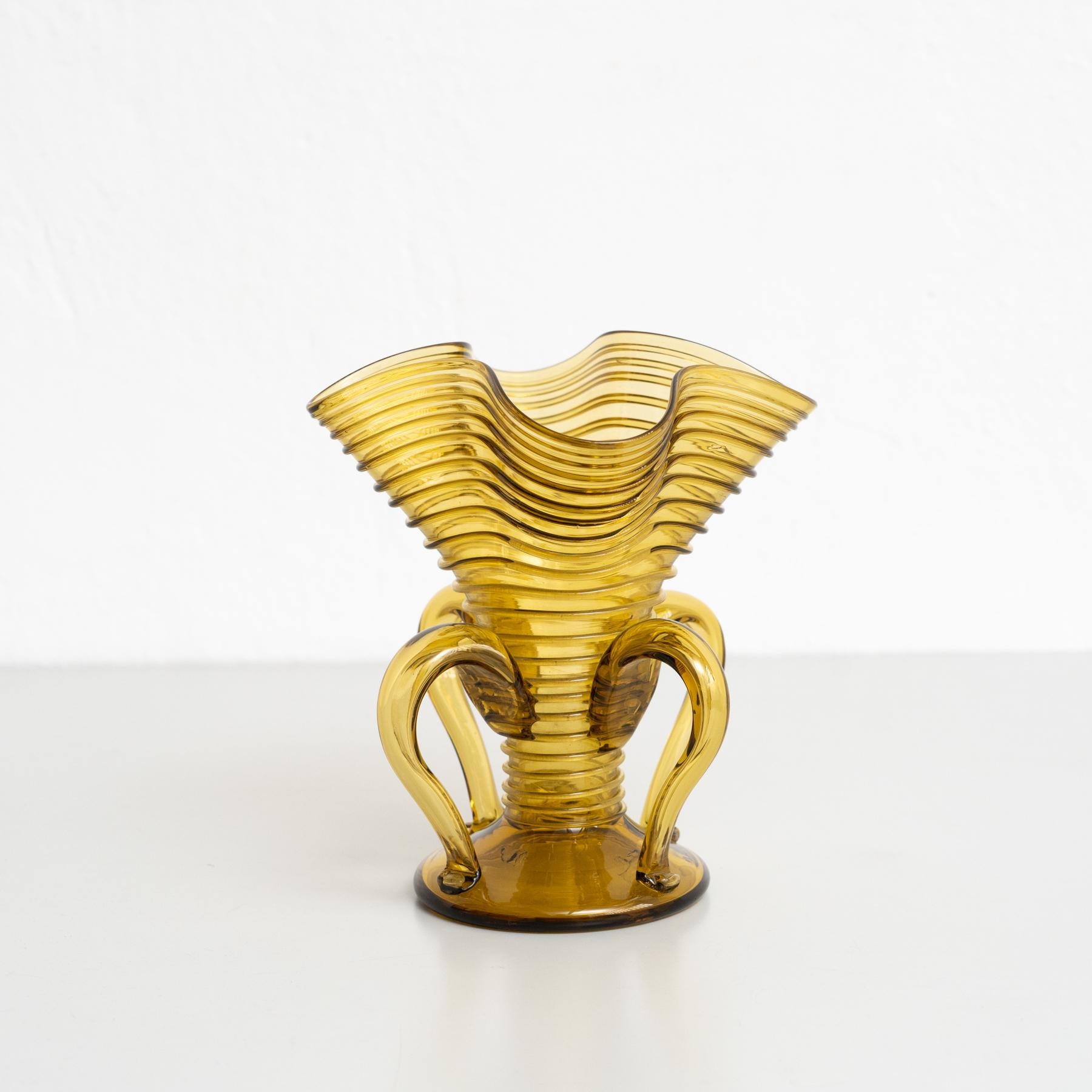 Enhance your decor with the timeless elegance of this vintage amber blown glass vase from the early 20th century. Crafted by an unknown Spanish manufacturer, this vase retains its original condition, bearing graceful minor wear that reflects its age