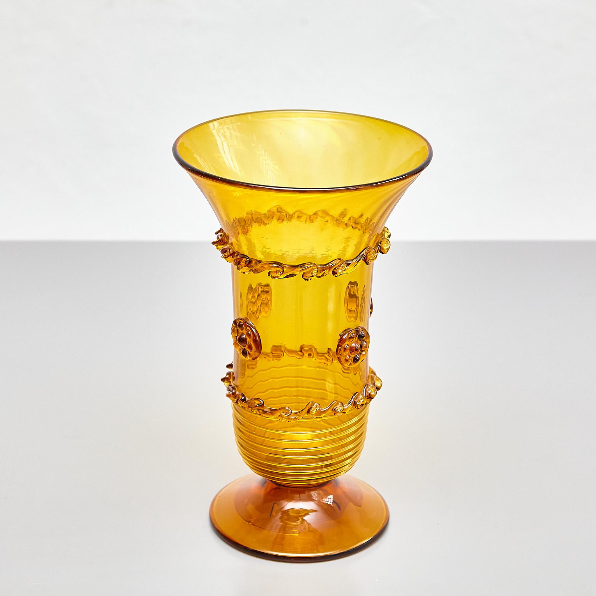 Rustic Elegant Amber Blown Glass Vase - Early 20th Century Spanish Artistry