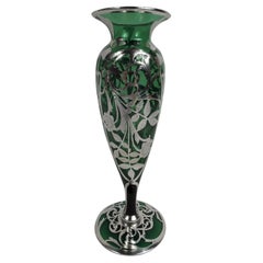 Elegant American Art Nouveau Green Silver Overlay Vase