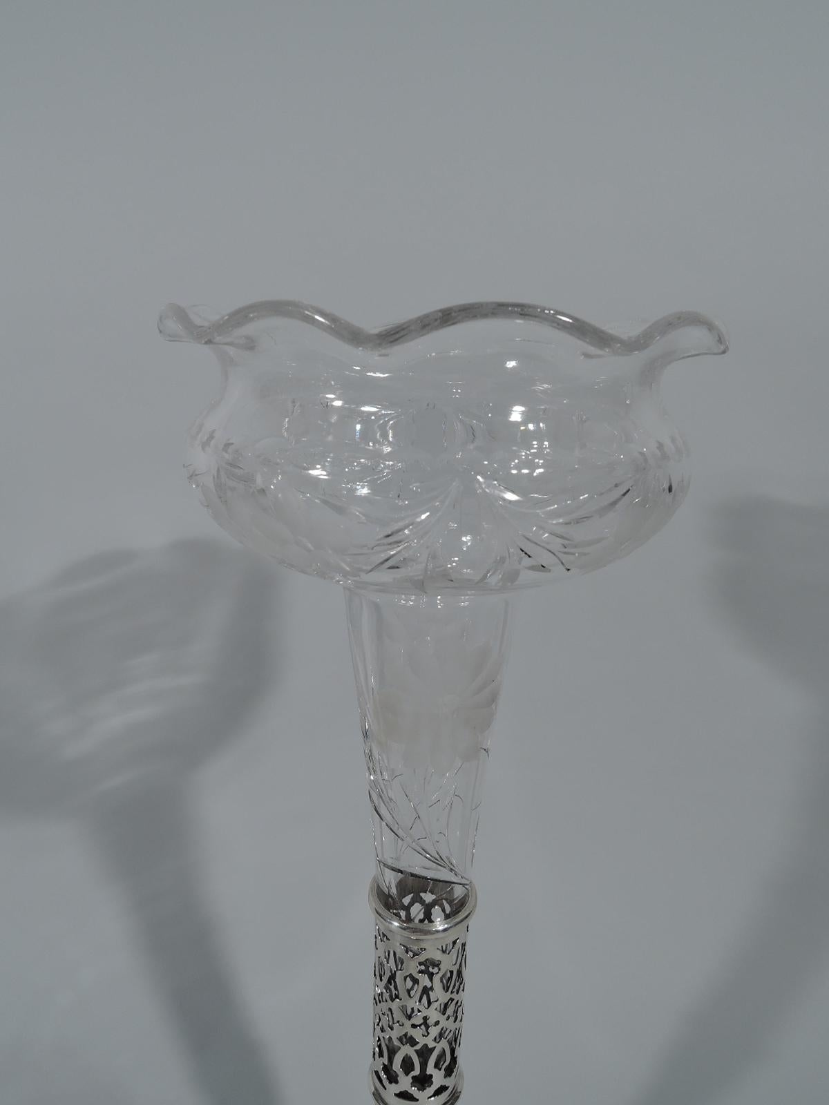 20th Century Elegant American Edwardian Sterling Silver and Crystal Vase For Sale