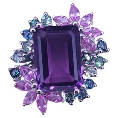 Elegant Amethyst Cluster Ring and Earrings Set with Multi-Gemstone Floral Design