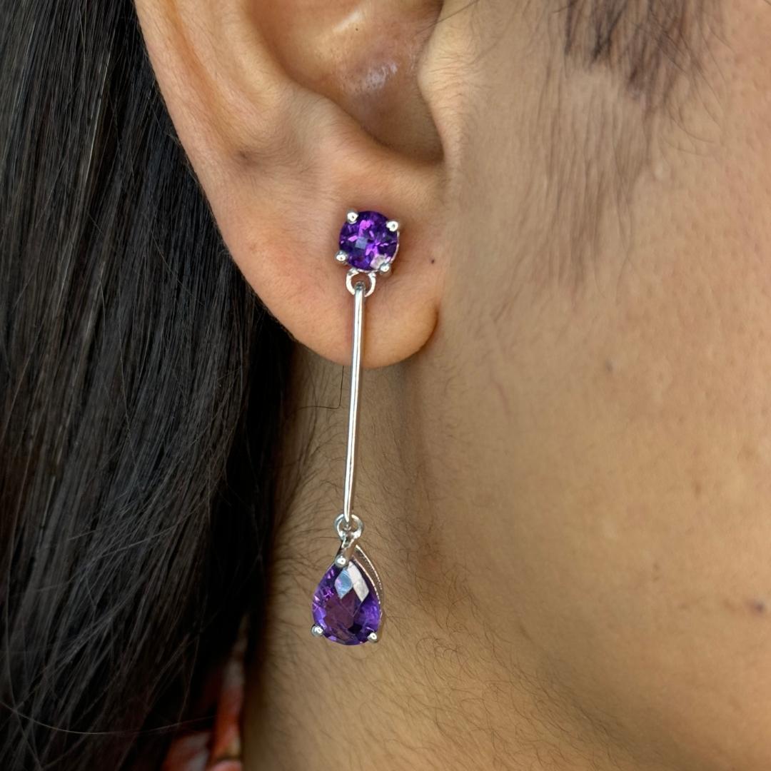 Women's Elegant Amethyst Long Dangeling Drop Earrings for Graduation in Sterling Silver For Sale