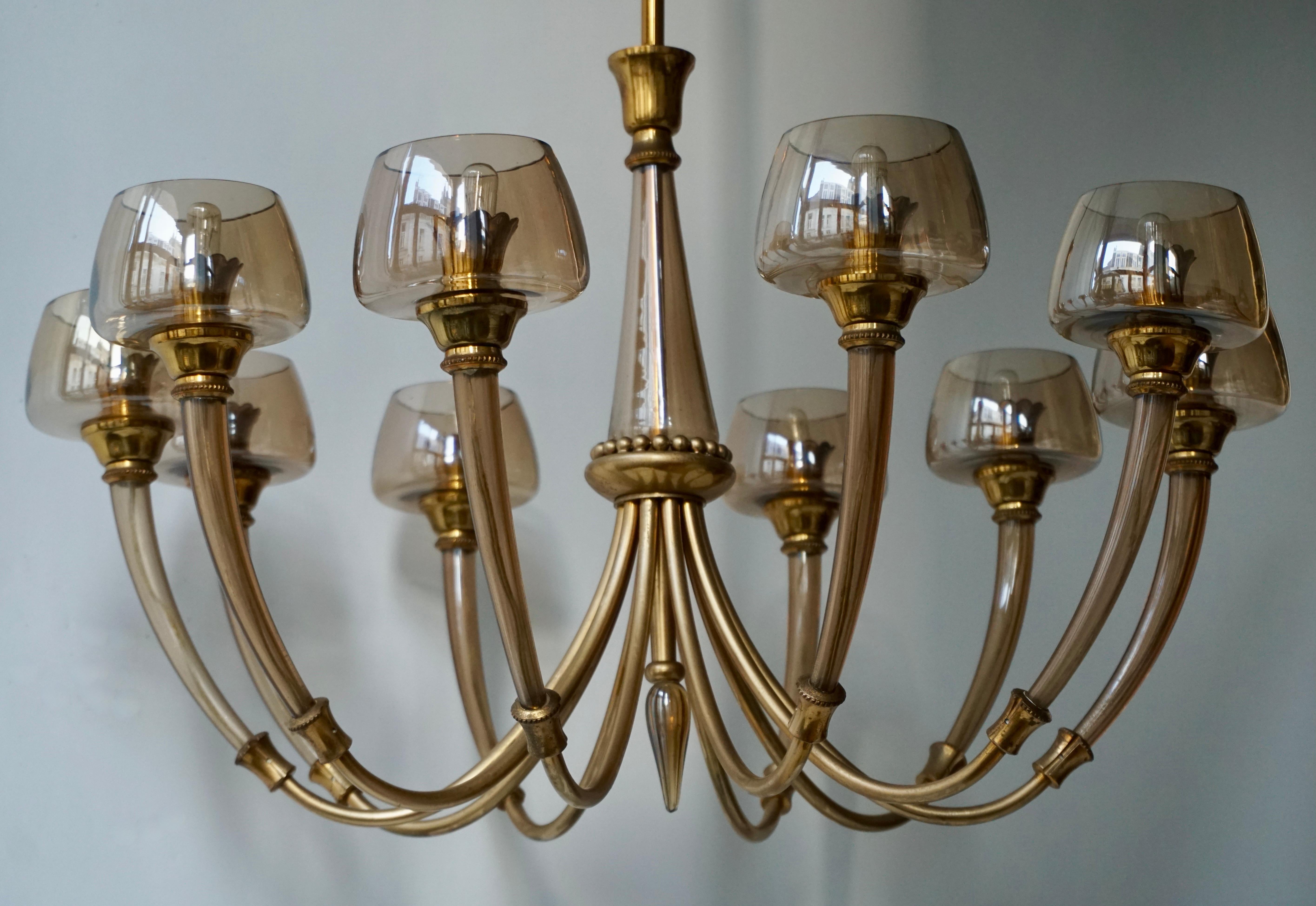 Italian Elegant Murano Glass and Brass Chandelier For Sale