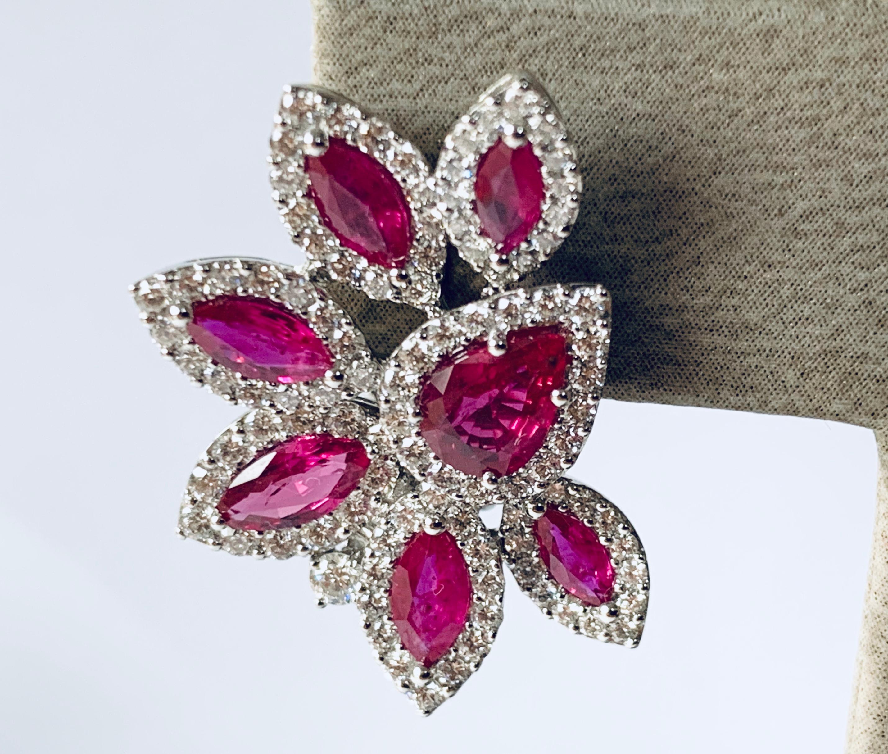 Contemporary Elegant and Classy 18 Karat White Gold Ruby and Diamond Cluster Earrings For Sale