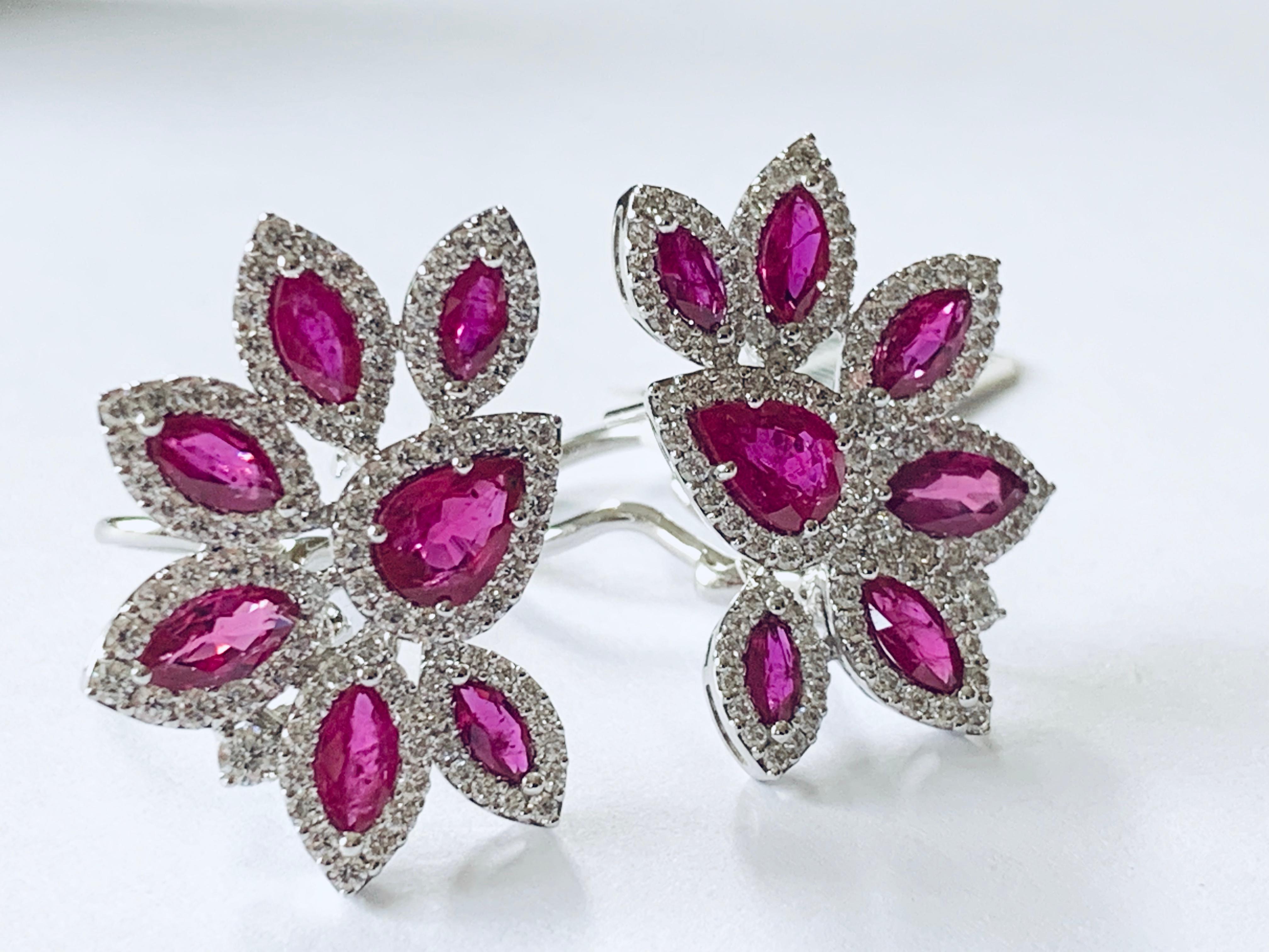 Pear Cut Elegant and Classy 18 Karat White Gold Ruby and Diamond Cluster Earrings For Sale