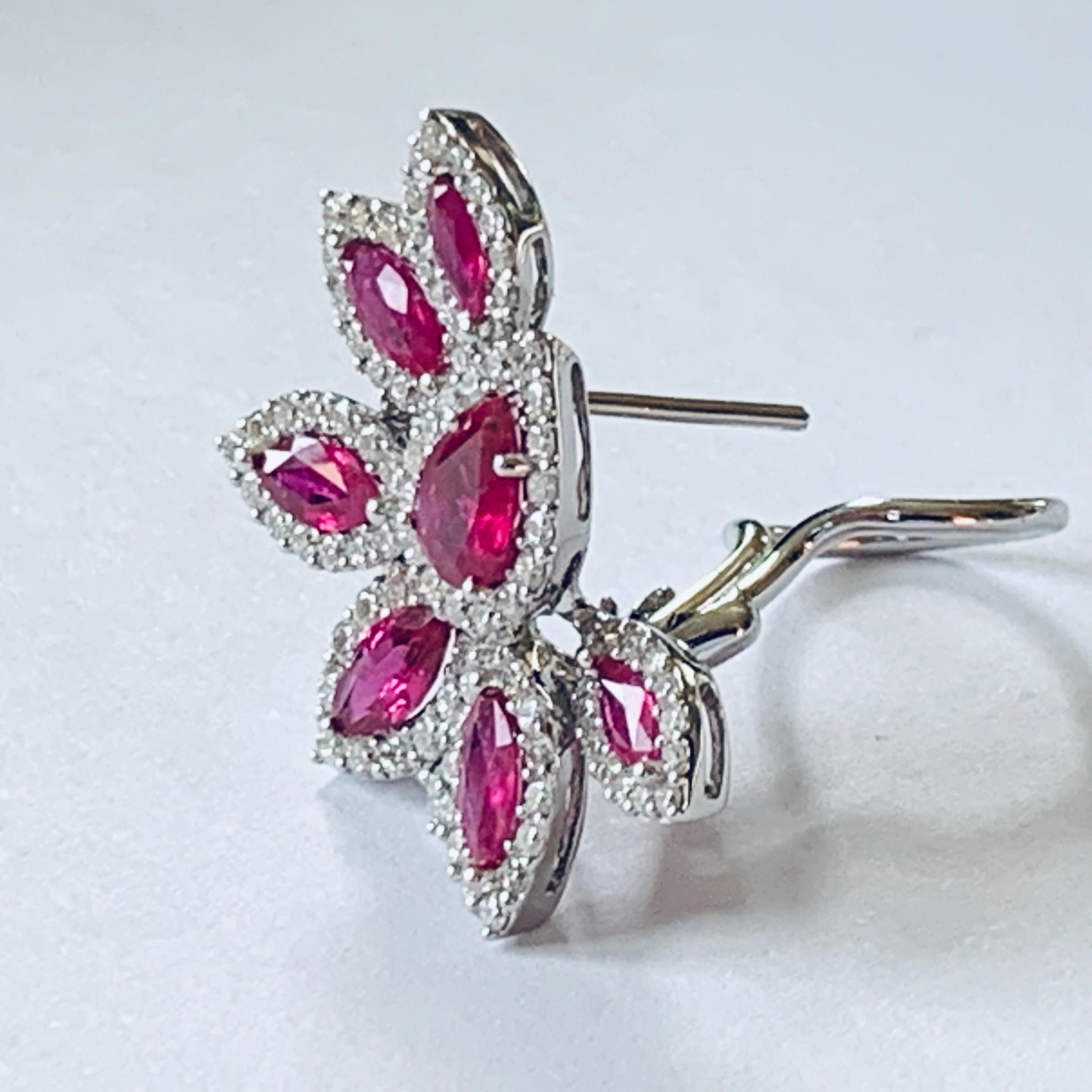Elegant and Classy 18 Karat White Gold Ruby and Diamond Cluster Earrings For Sale 3