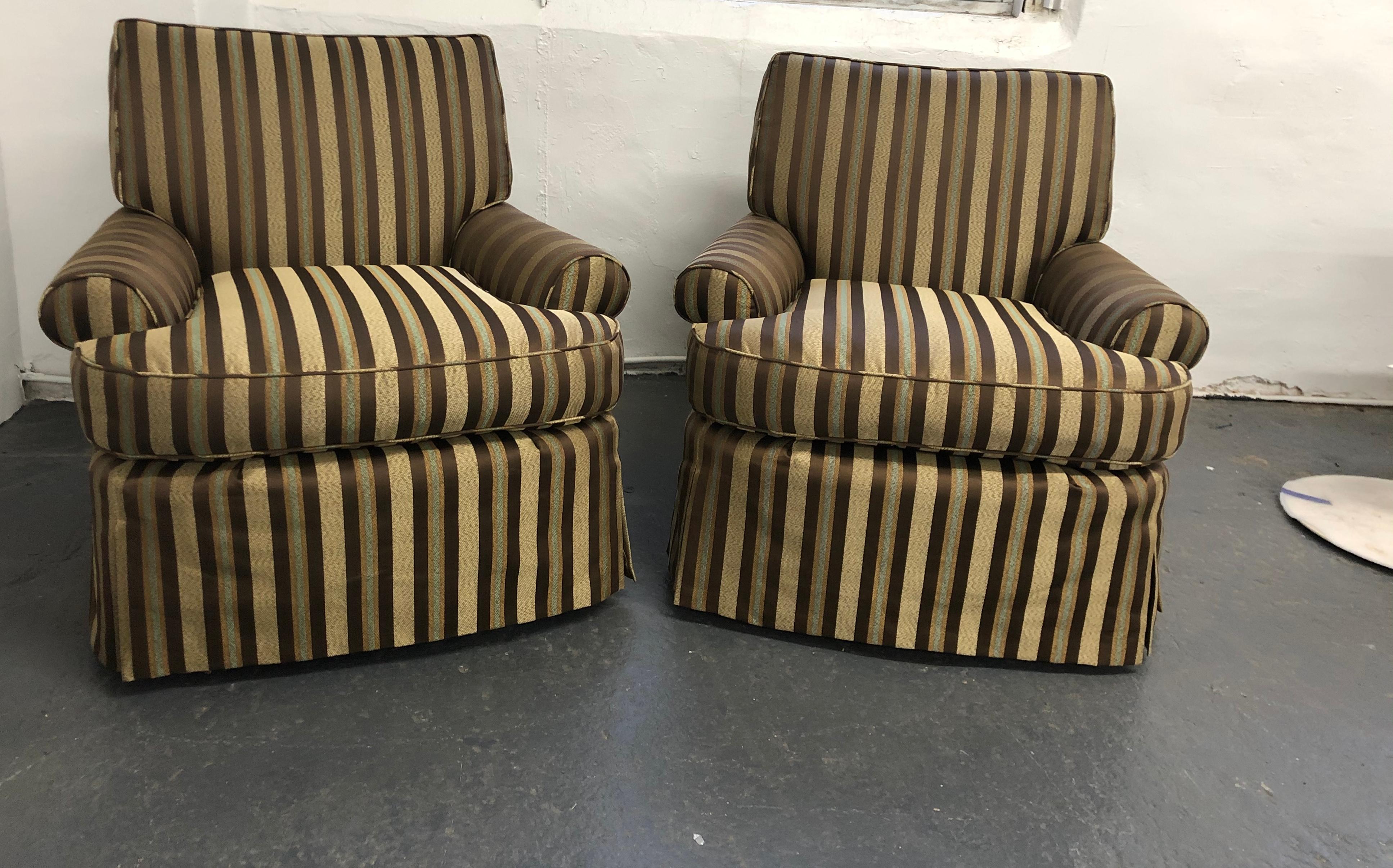 The pair was purchased from an estate, were recently refurbished and are very comfortable. The frames are solid with 8-way hand ‘tied coil spring construction. The seat cushions are down/wrapped foam core. The chairs have waterfall pleated skirts