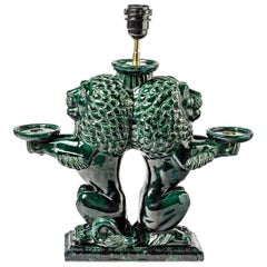 Elegant and Decorative Green Ceramic Table Lamp 1940 Lions Decoration