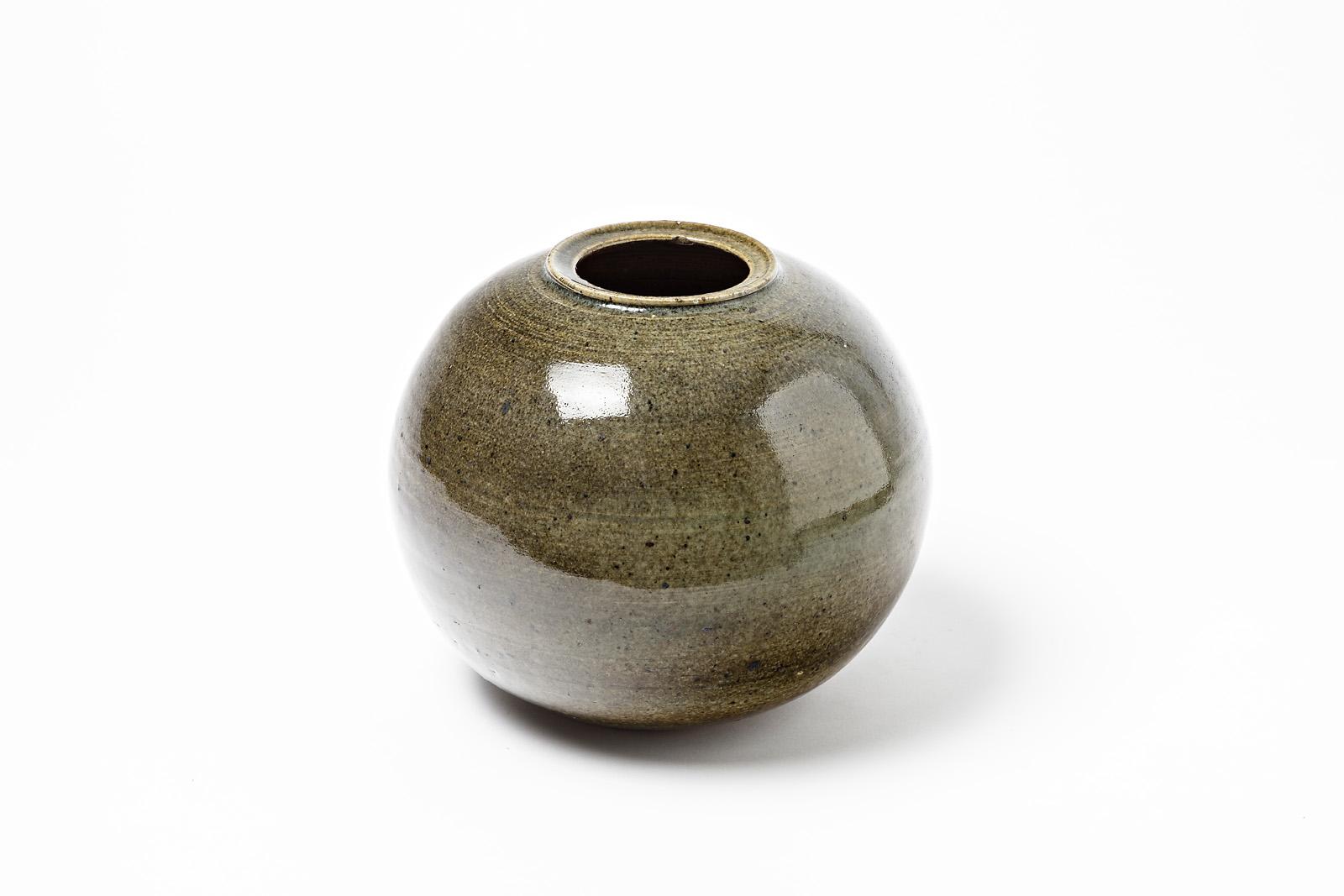 French Elegant and Decorative Stoneware Ceramic Vase by JPD circa 1975 Grey and Green For Sale