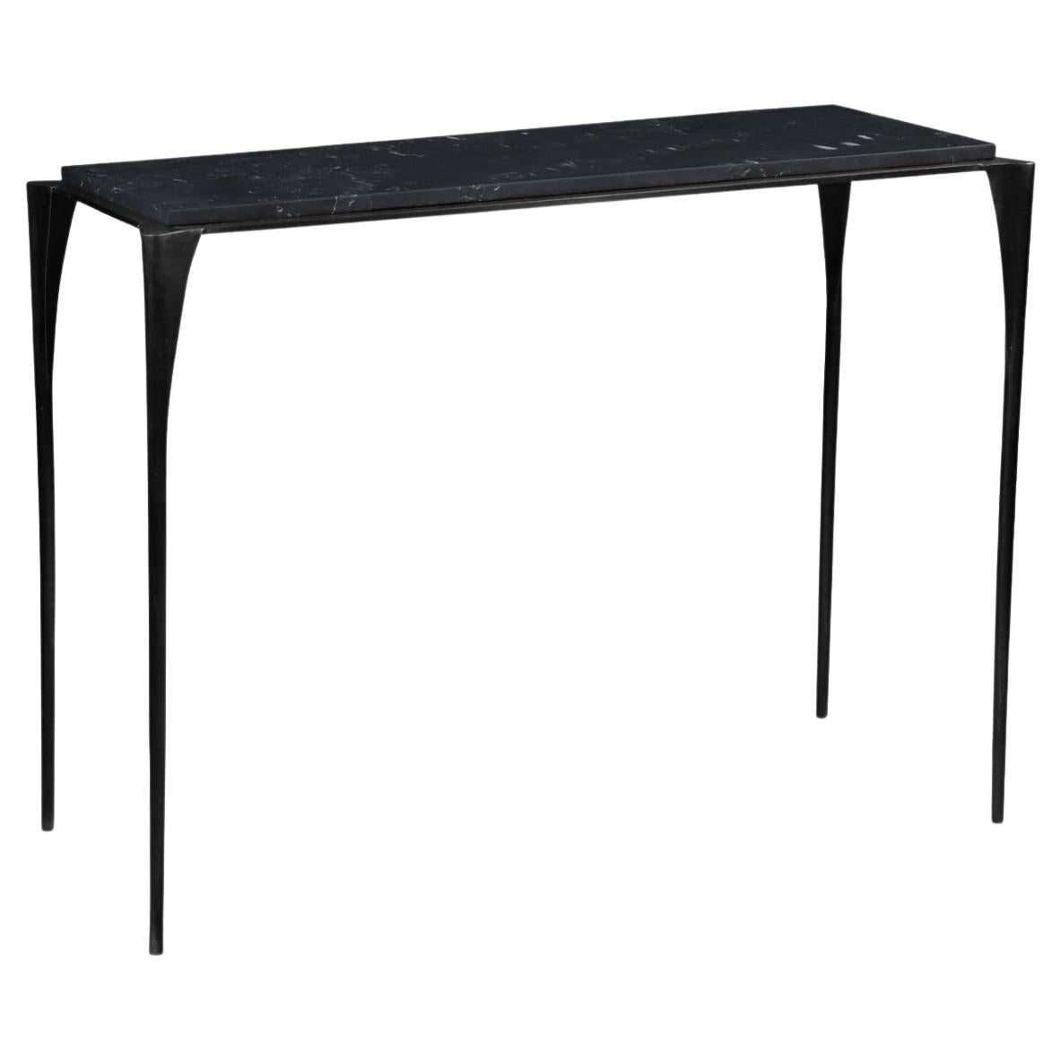 Elegant and delicate metal casteil console with iron base & black marble top