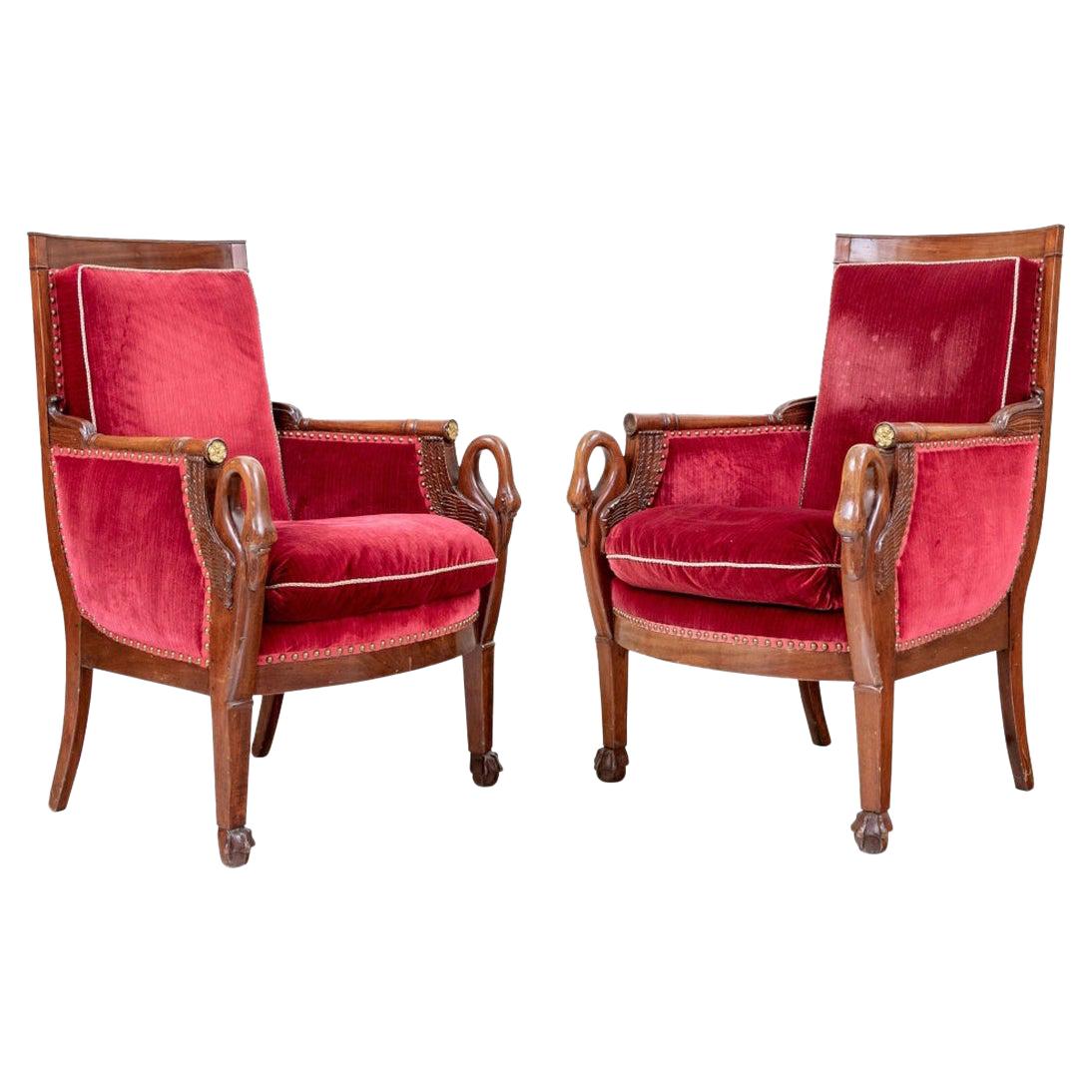 Elegant and Fine Pair of Period Empire Armchairs with Swan Carving