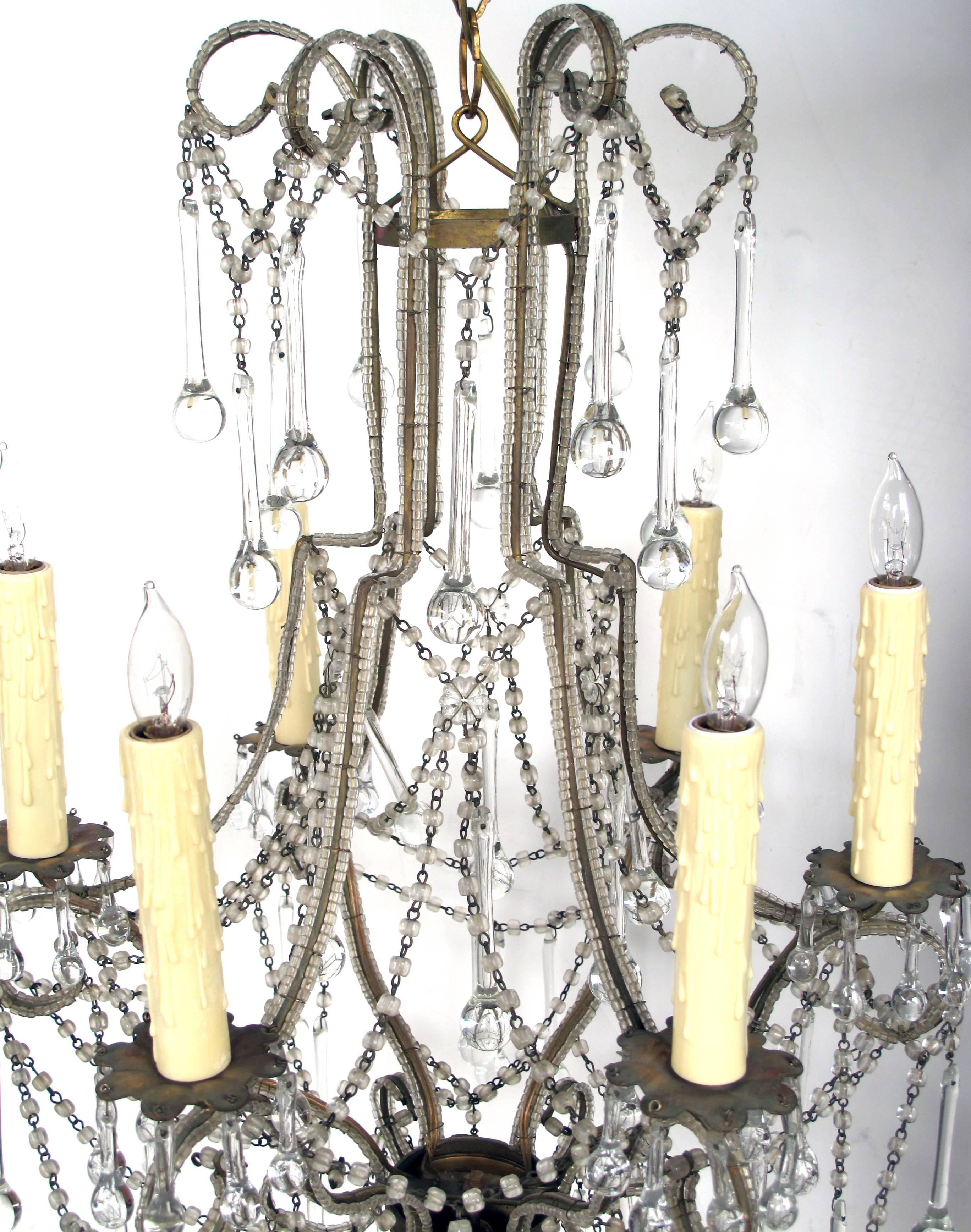 Hollywood Regency Elegant and Graceful Italian 1960s Cage-Frame Beaded Six-Light Chandeliers, Pair